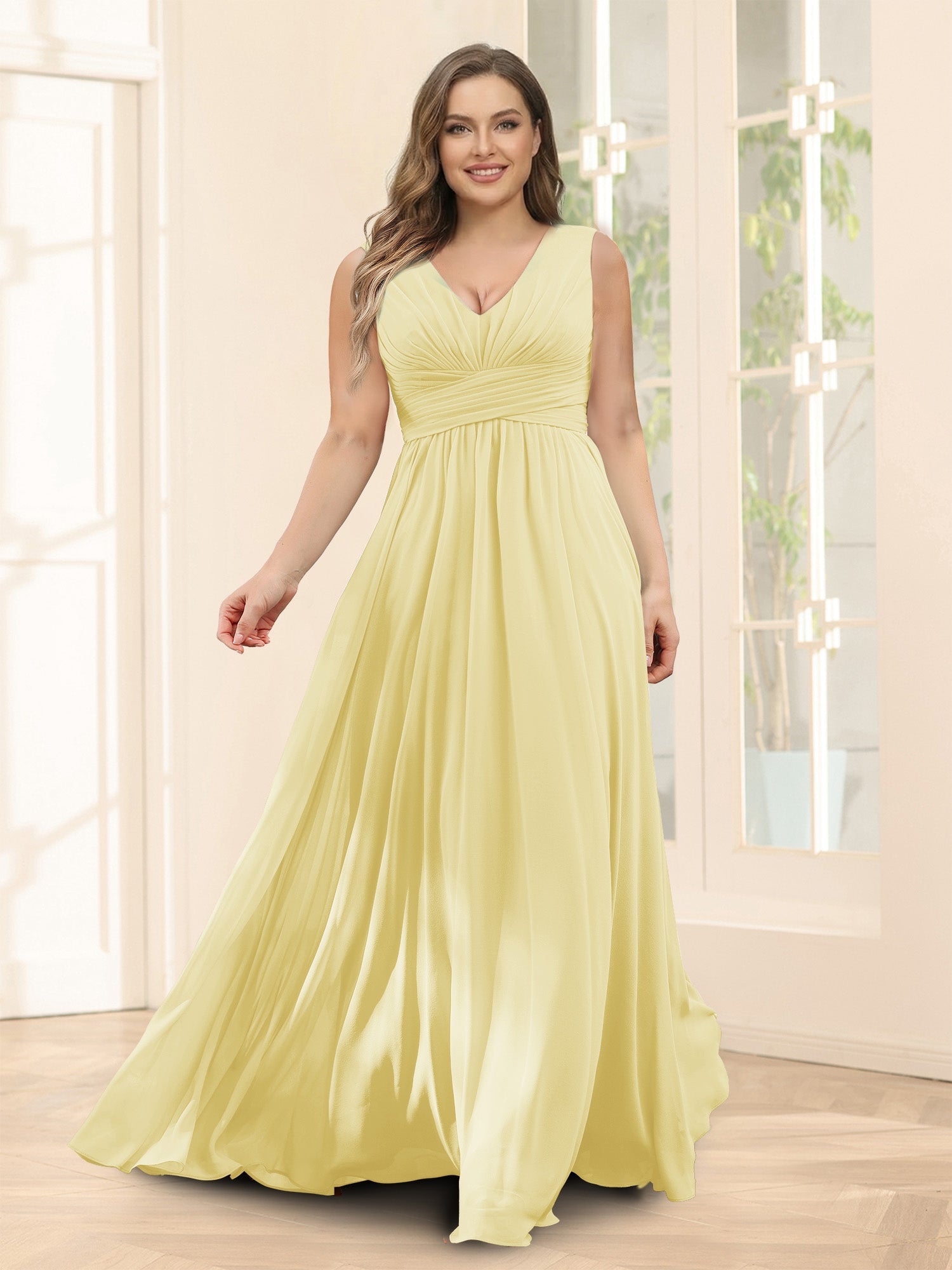 A-Line V-Neck Sleeveless Chiffon Plus Size Bridesmaid Dresses With Pockets Canary