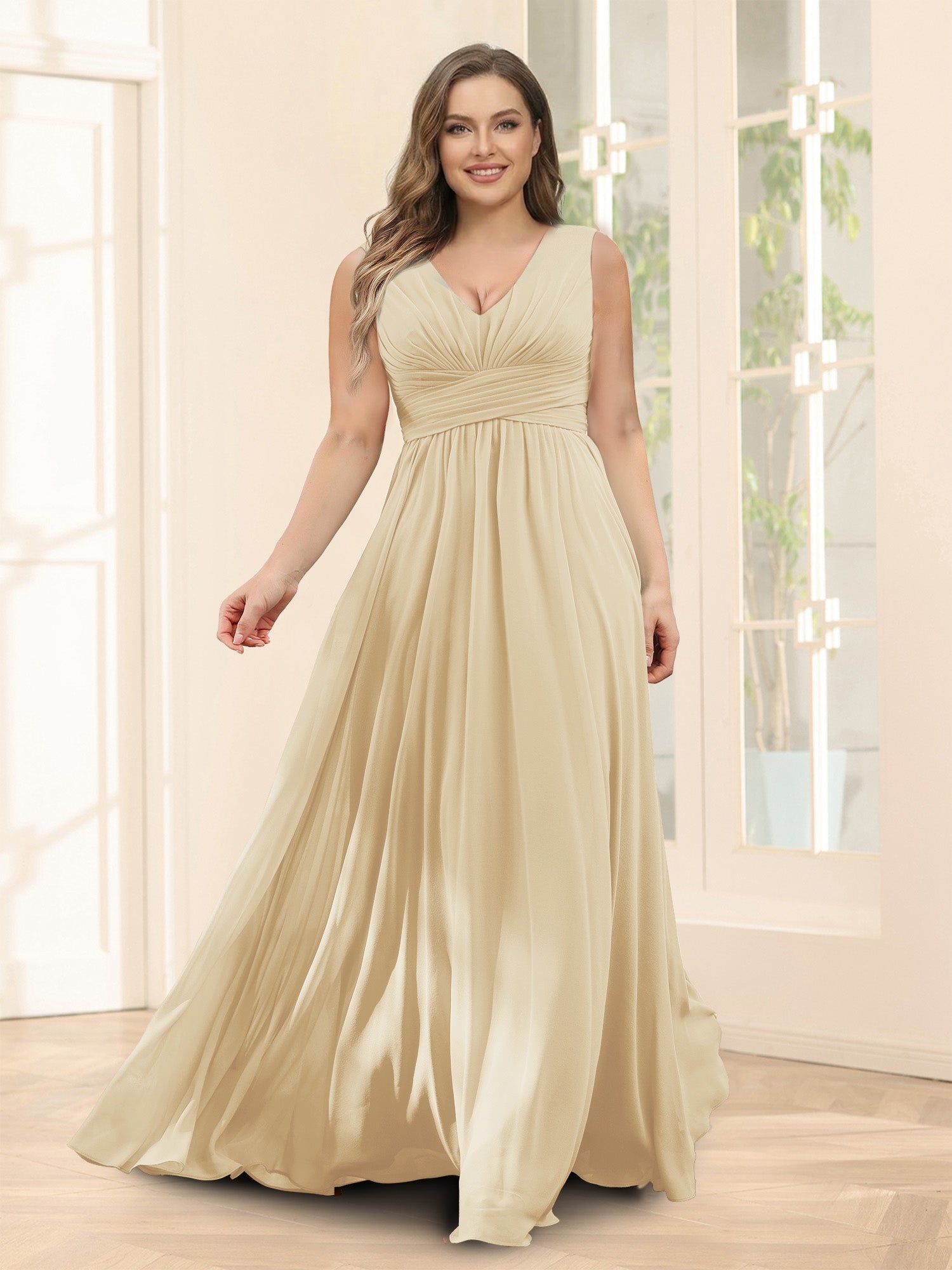 A-Line V-Neck Sleeveless Chiffon Plus Size Bridesmaid Dresses With Pockets Champagne