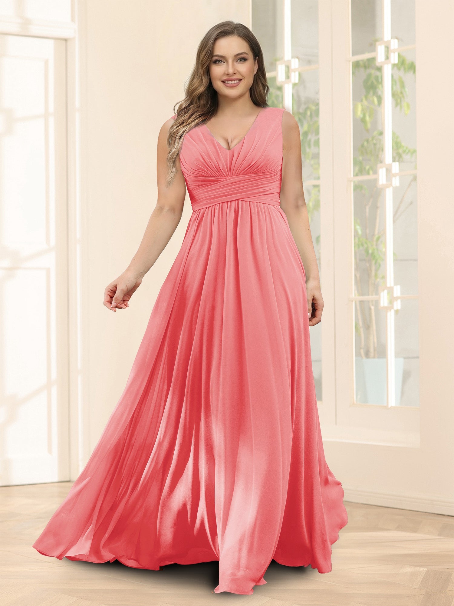 A-Line V-Neck Sleeveless Chiffon Plus Size Bridesmaid Dresses With Pockets Coral