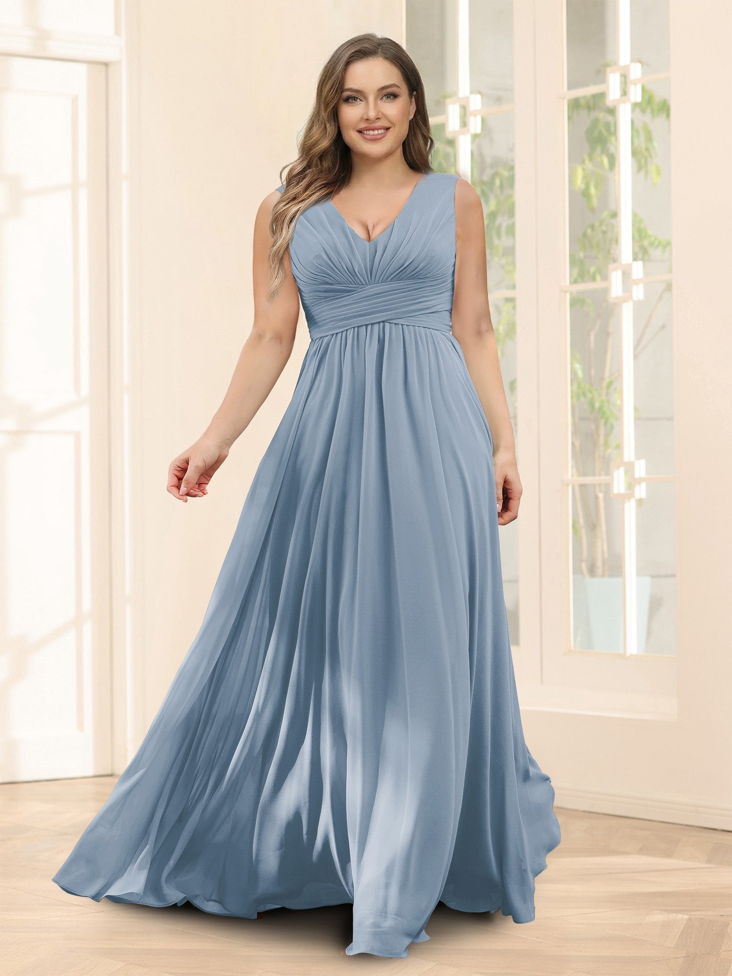 A-Line V-Neck Sleeveless Chiffon Plus Size Bridesmaid Dresses With Pockets Dusty Blue
