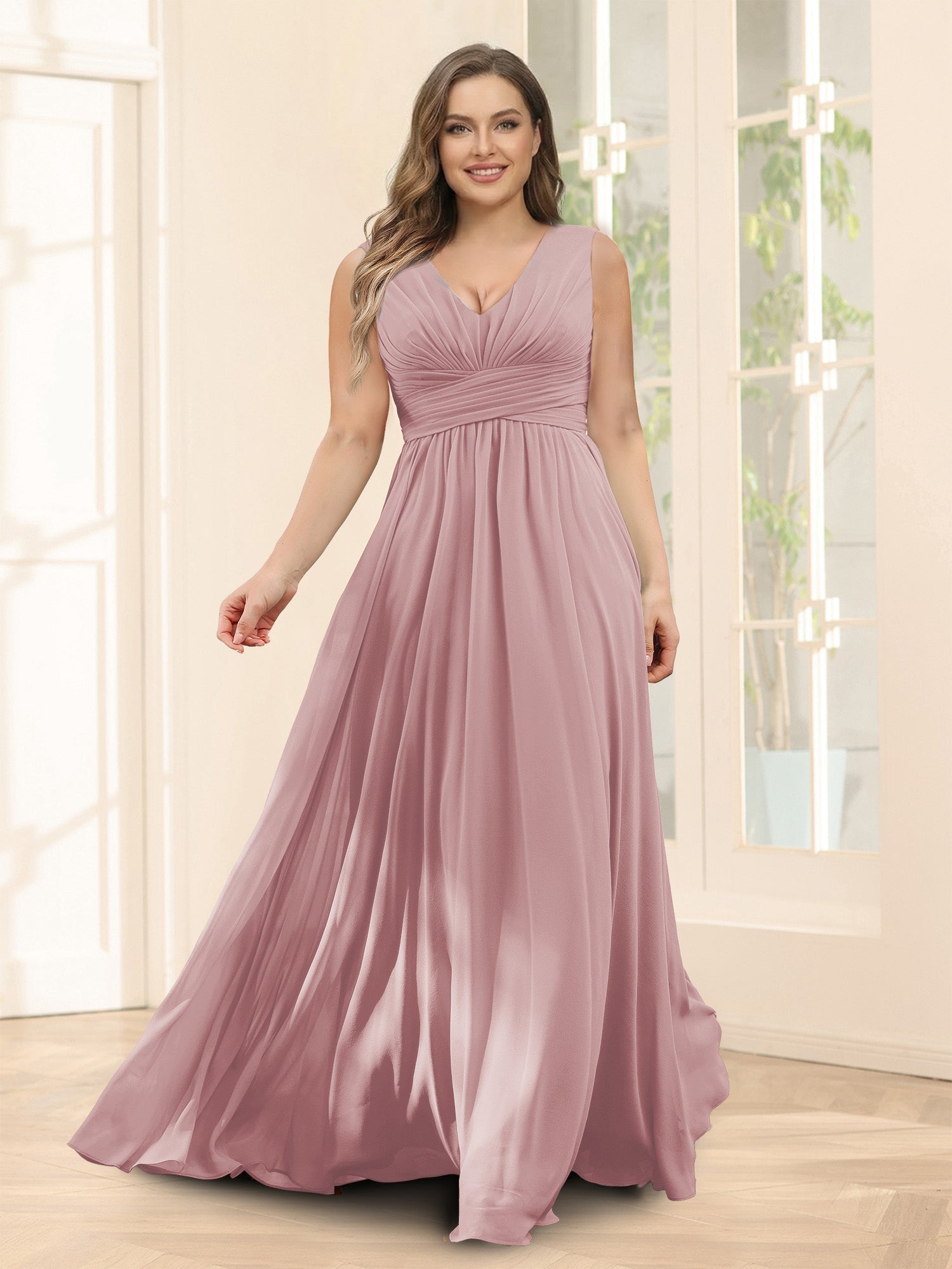A-Line V-Neck Sleeveless Chiffon Plus Size Bridesmaid Dresses With Pockets Dusty Pink