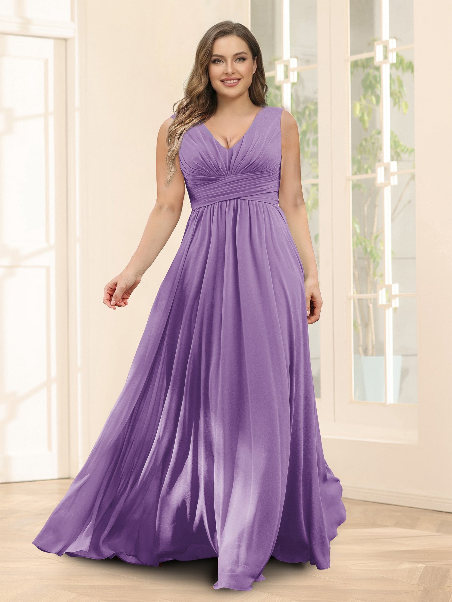A-Line V-Neck Sleeveless Chiffon Plus Size Bridesmaid Dresses With Pockets Dusty Purple