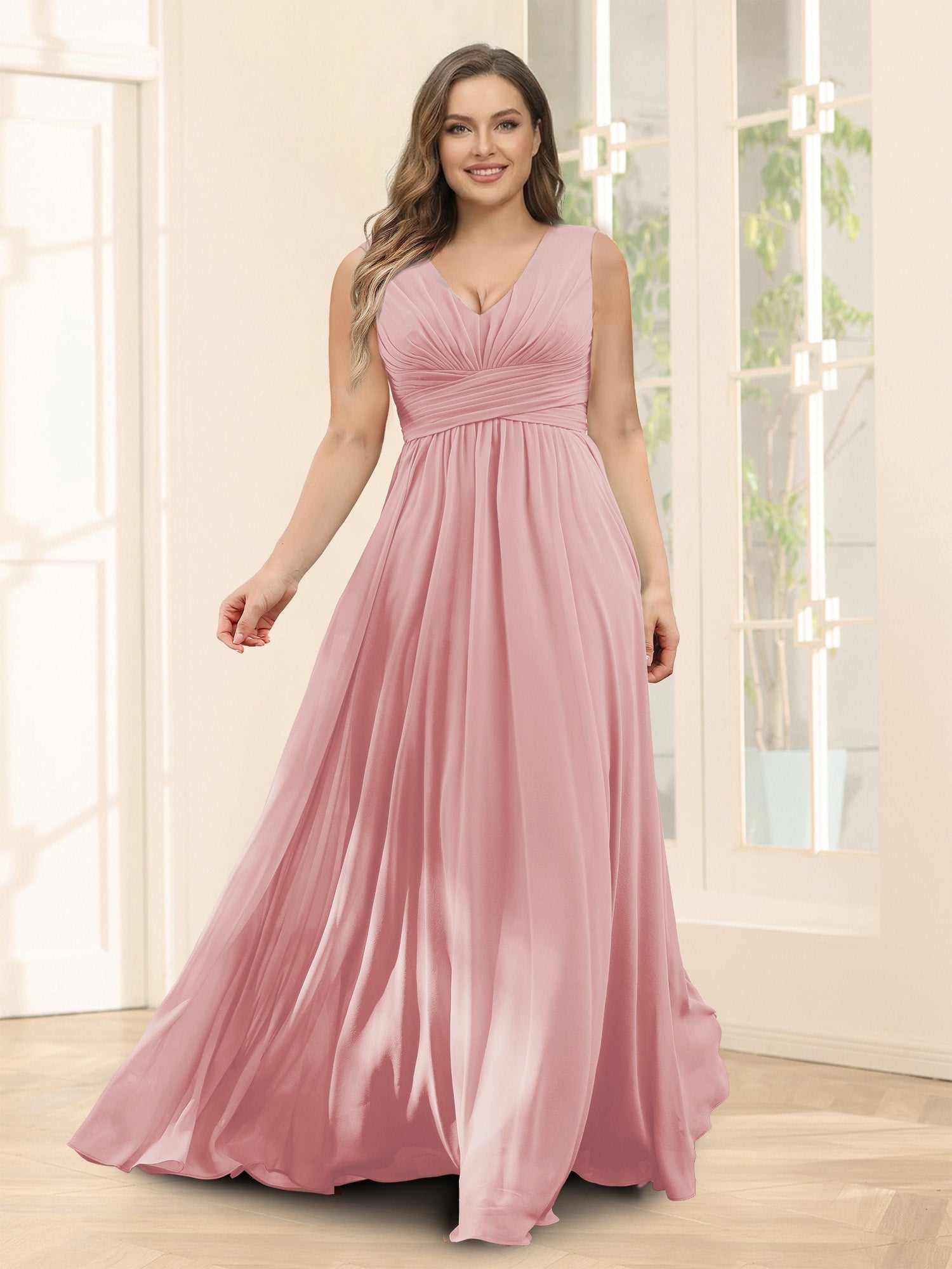 A-Line V-Neck Sleeveless Chiffon Plus Size Bridesmaid Dresses With Pockets Dusty Rose