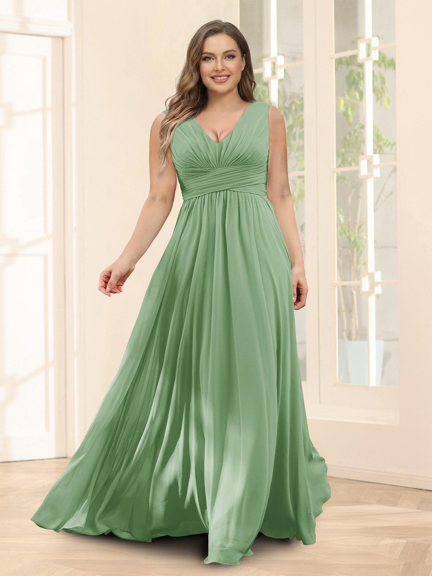 A-Line V-Neck Sleeveless Chiffon Plus Size Bridesmaid Dresses With Pockets Dusty Sage
