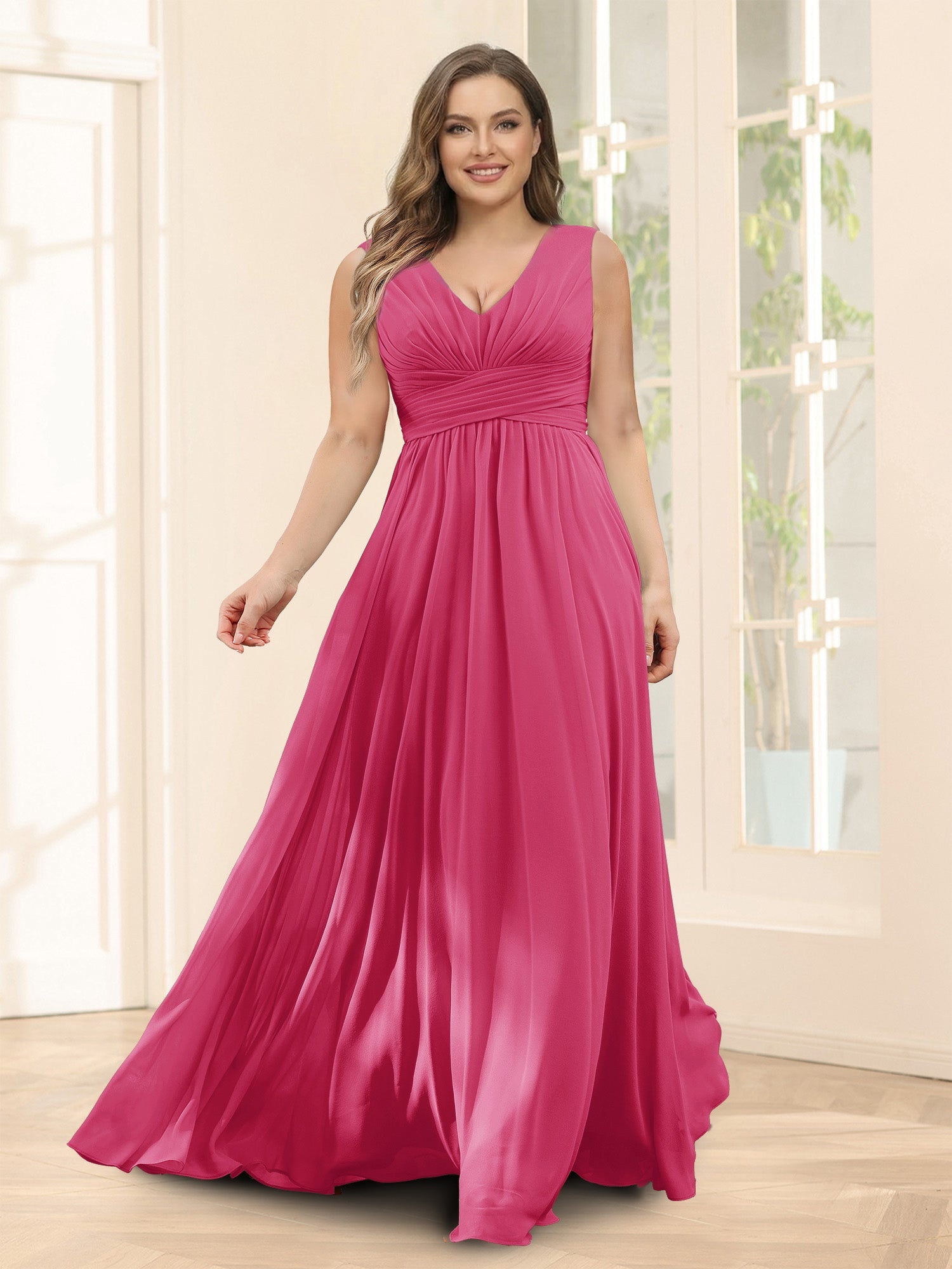 A-Line V-Neck Sleeveless Chiffon Plus Size Bridesmaid Dresses With Pockets Fuchsia
