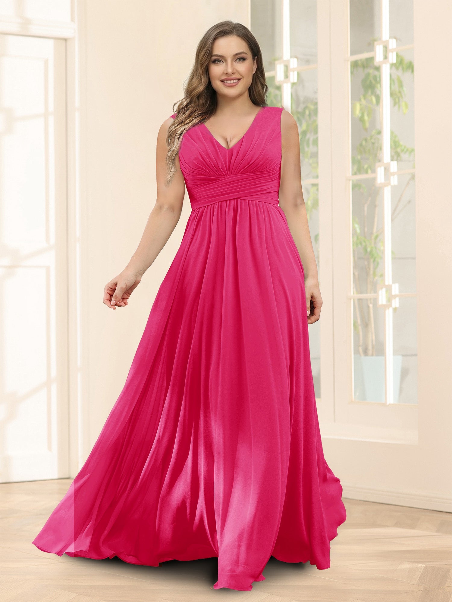 A-Line V-Neck Sleeveless Chiffon Plus Size Bridesmaid Dresses With Pockets Fuchsia Pink