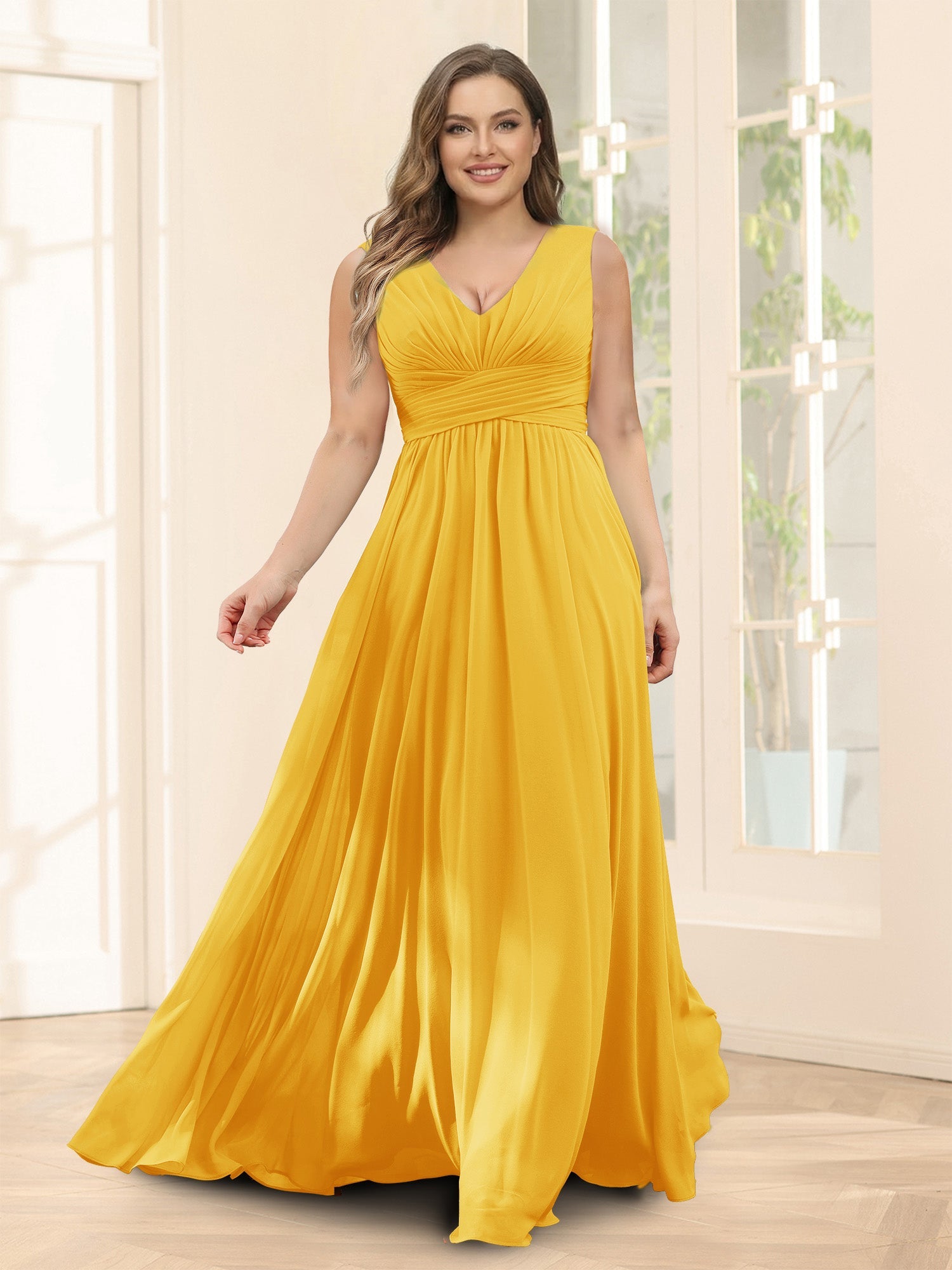 A-Line V-Neck Sleeveless Chiffon Plus Size Bridesmaid Dresses With Pockets Gold