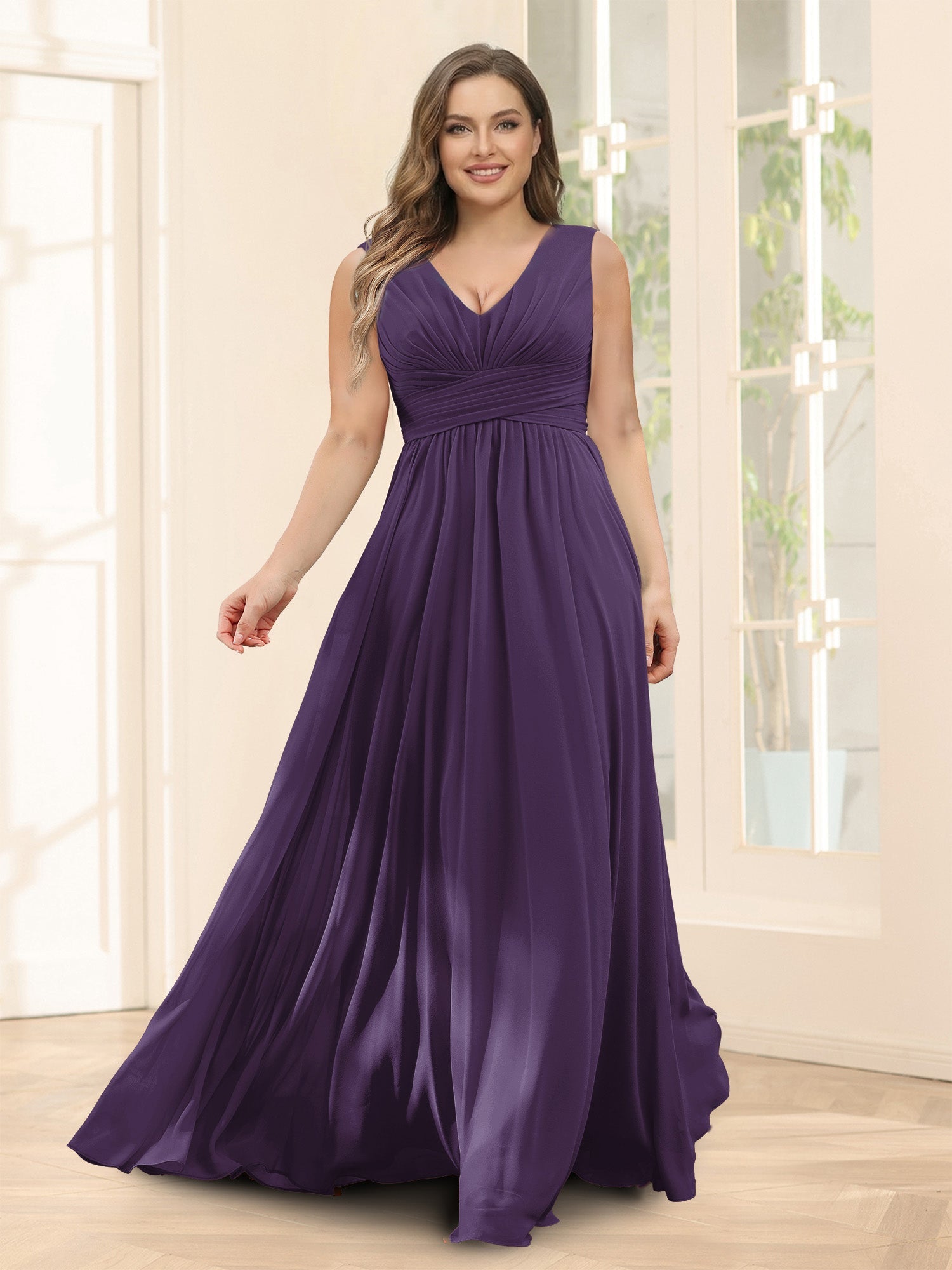 A-Line V-Neck Sleeveless Chiffon Plus Size Bridesmaid Dresses With Pockets Grape
