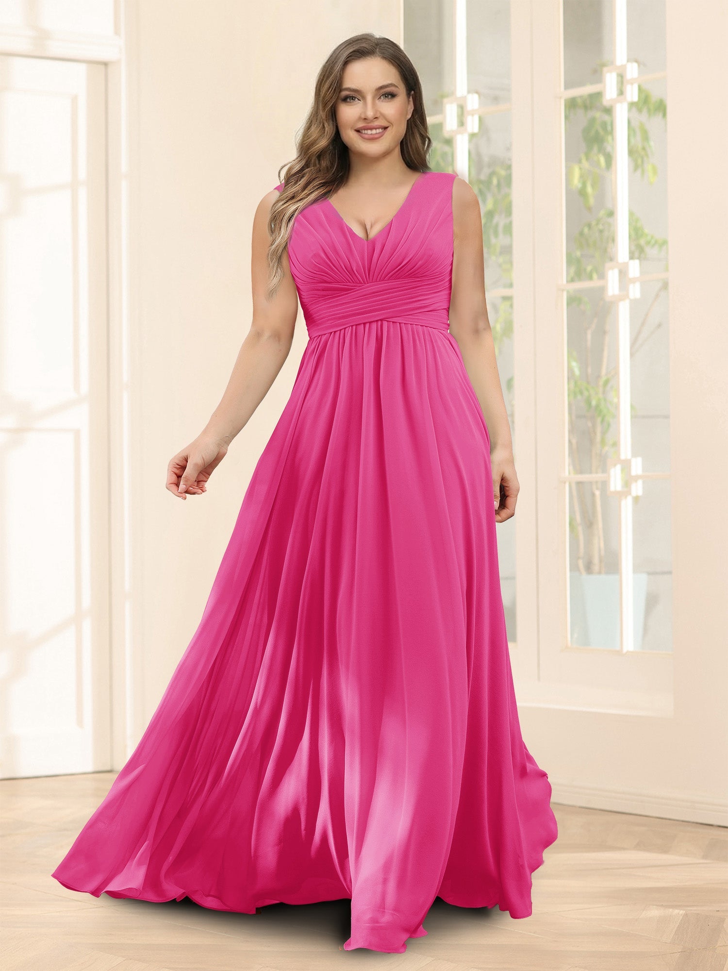 A-Line V-Neck Sleeveless Chiffon Plus Size Bridesmaid Dresses With Pockets Hot Pink