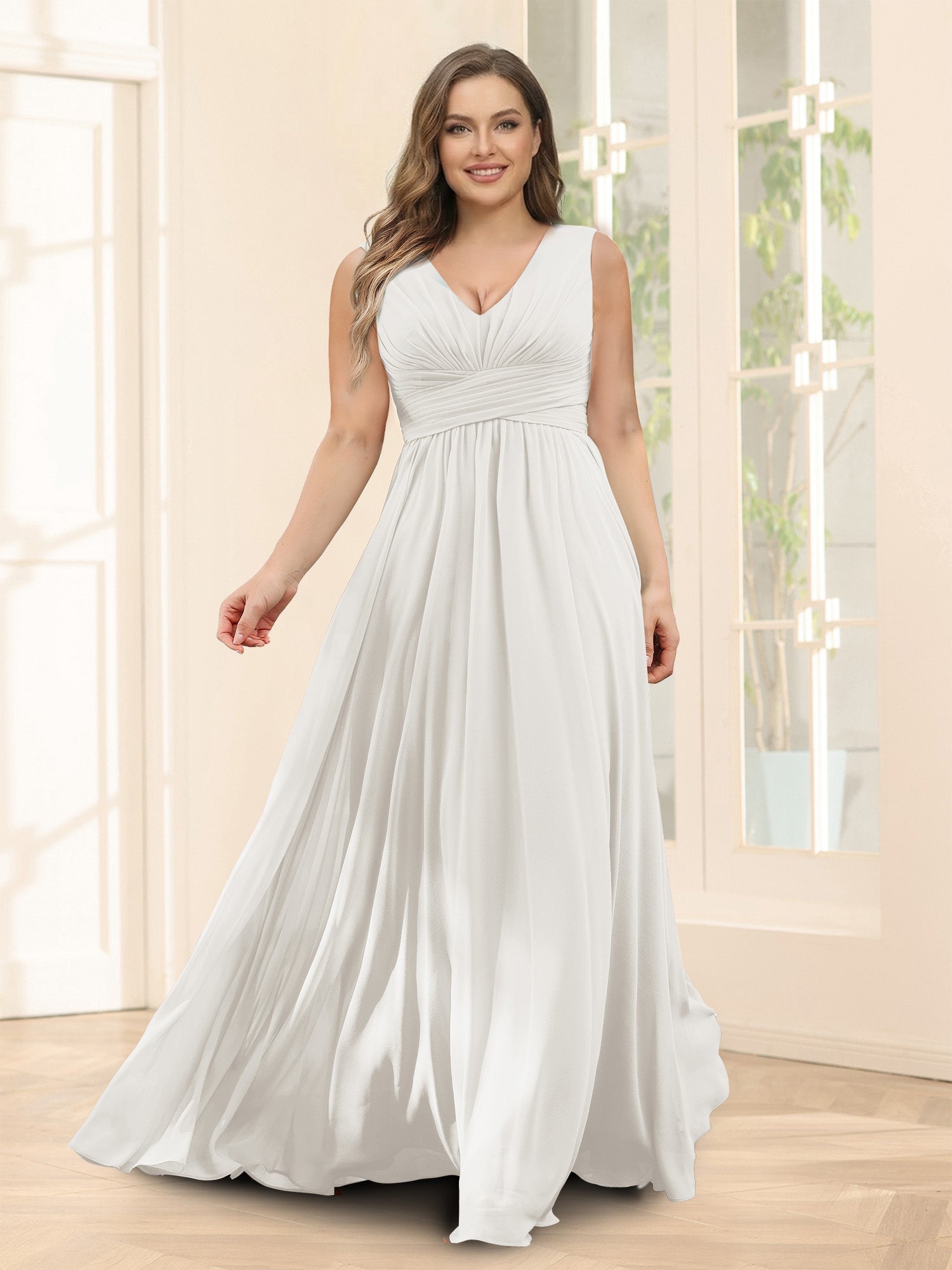 A-Line V-Neck Sleeveless Chiffon Plus Size Bridesmaid Dresses With Pockets Ivory