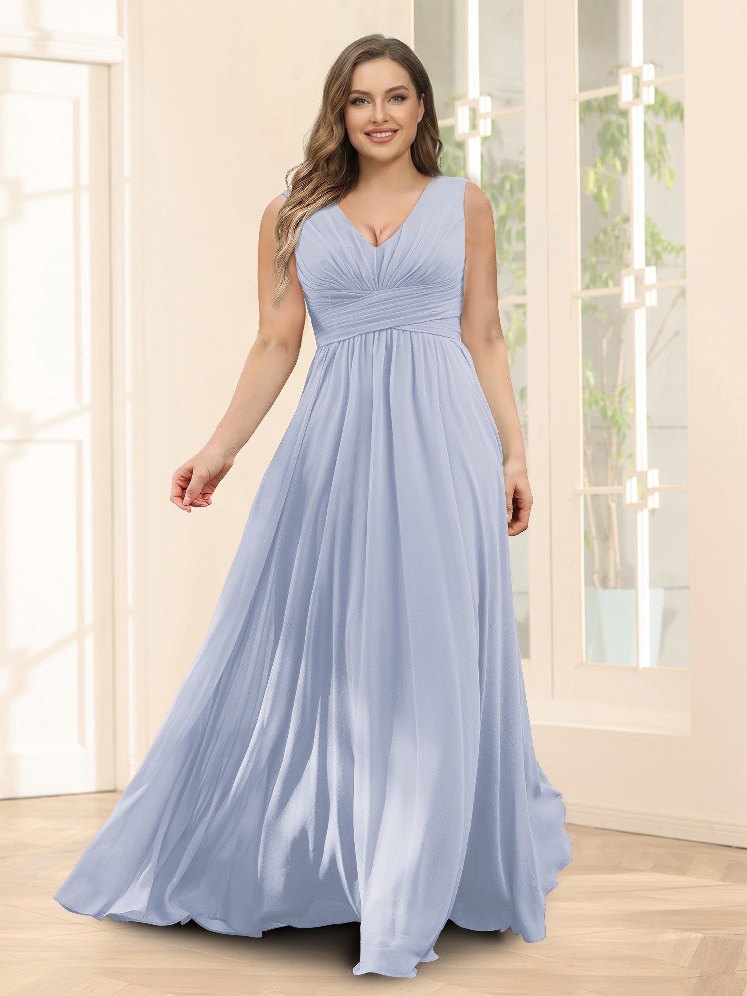 A-Line V-Neck Sleeveless Chiffon Plus Size Bridesmaid Dresses With Pockets Lavender