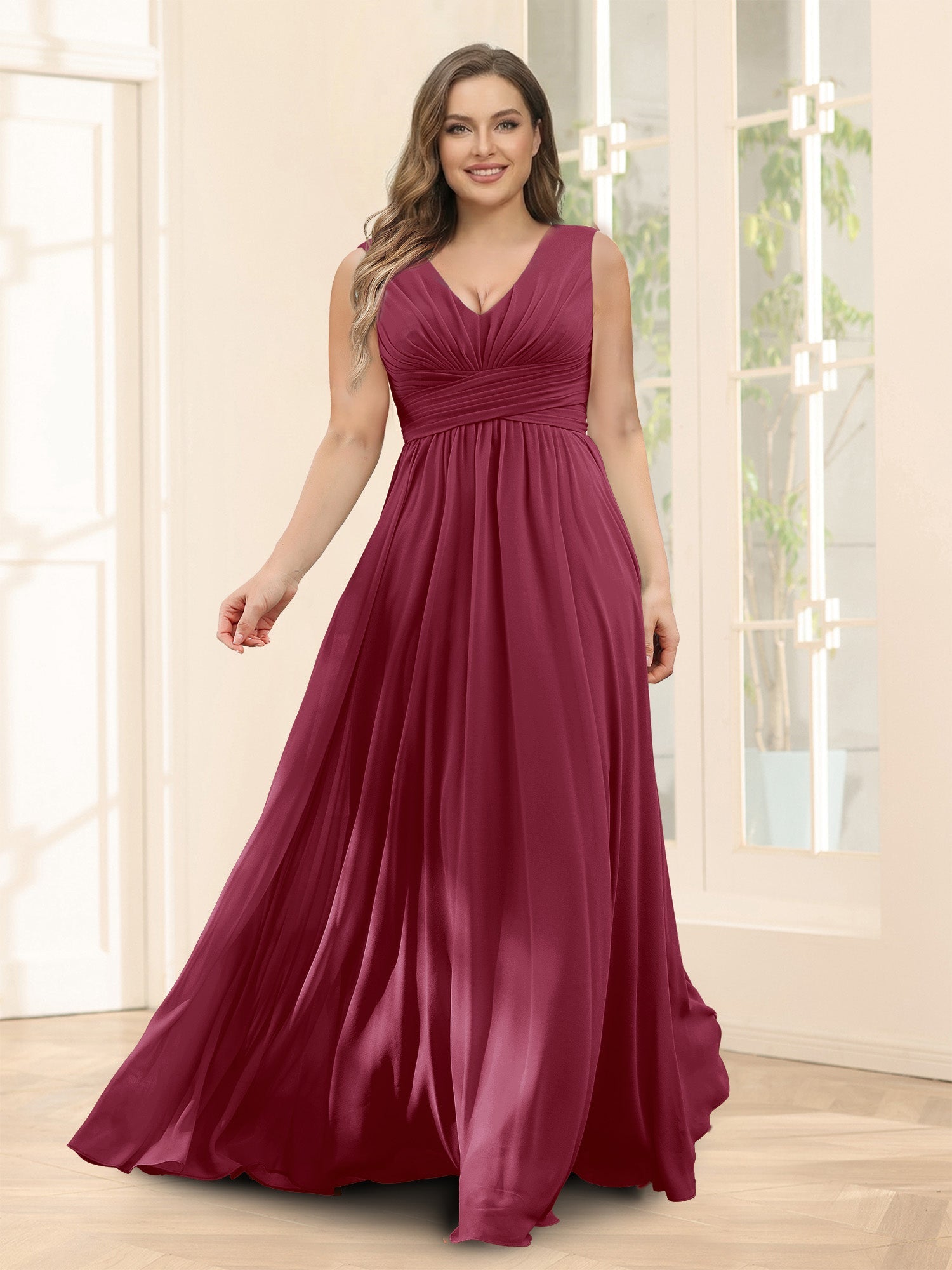 A-Line V-Neck Sleeveless Chiffon Plus Size Bridesmaid Dresses With Pockets Light Burgundy