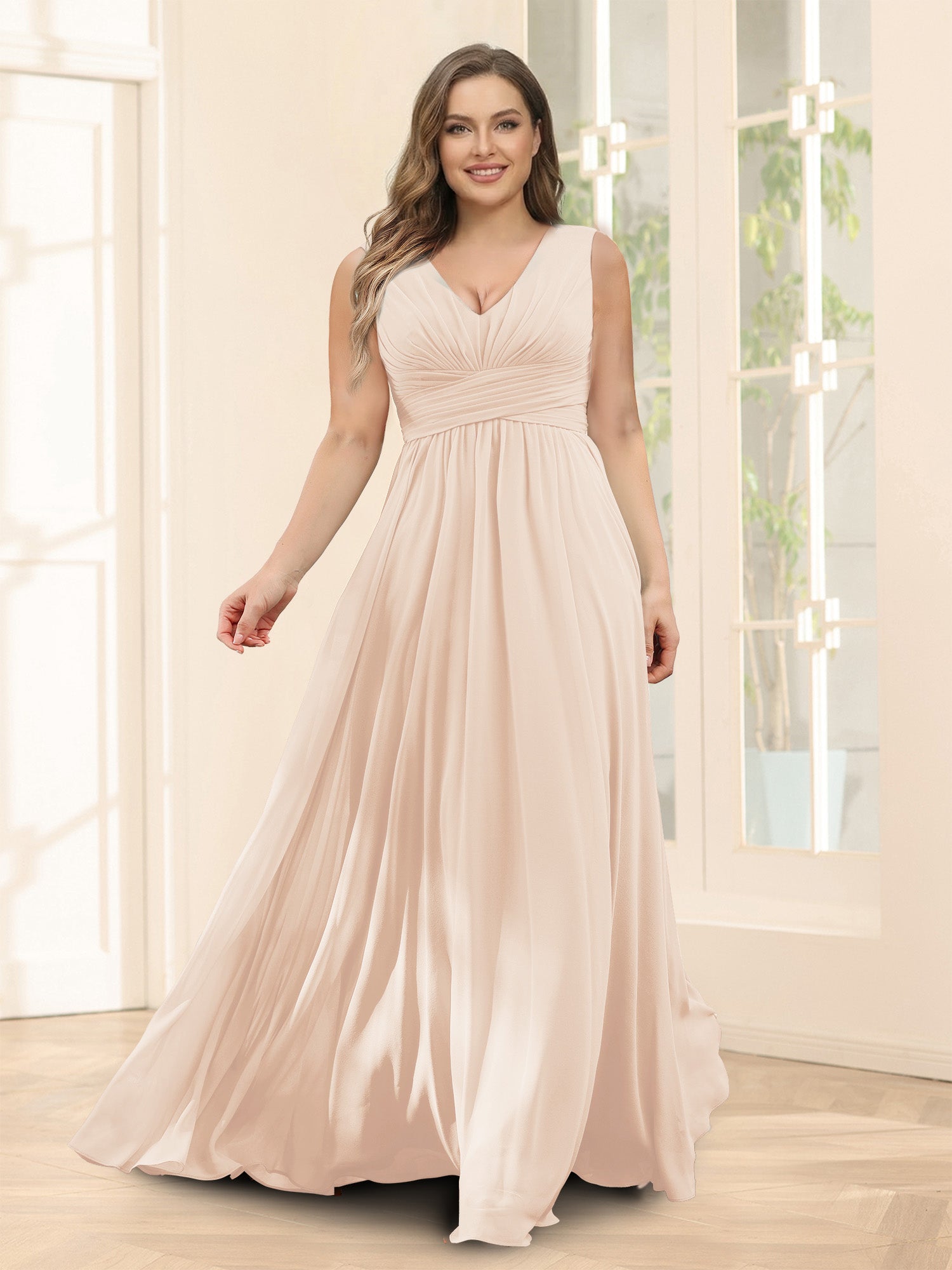 A-Line V-Neck Sleeveless Chiffon Plus Size Bridesmaid Dresses With Pockets Light Champagne