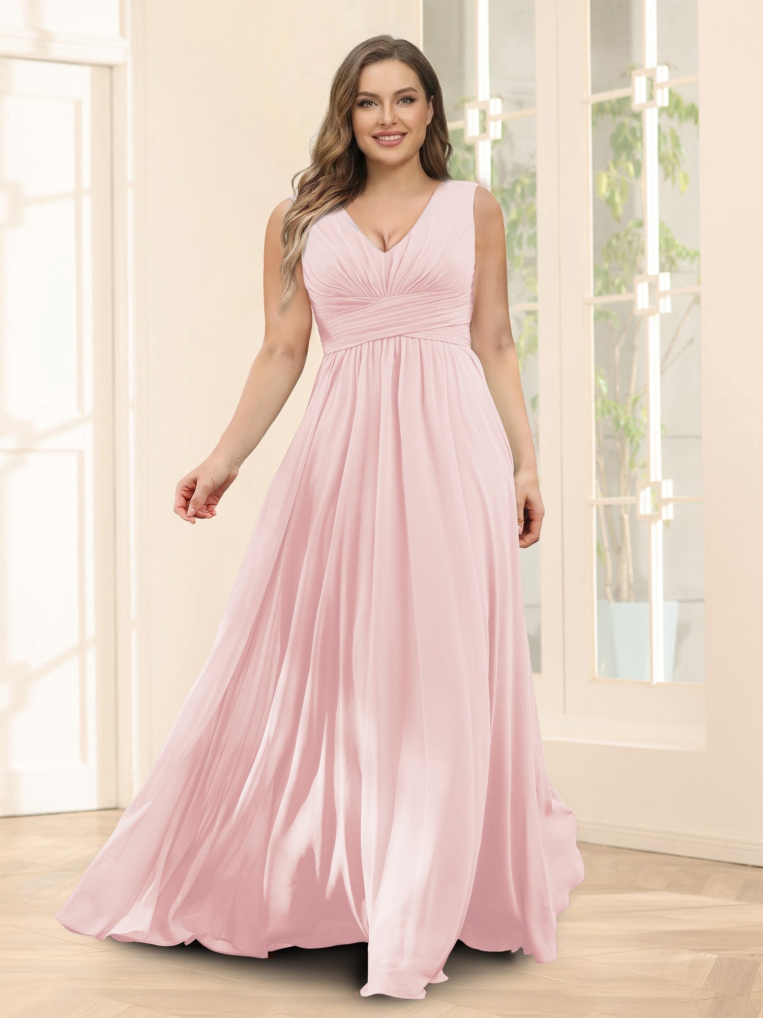A-Line V-Neck Sleeveless Chiffon Plus Size Bridesmaid Dresses With Pockets Light Pink