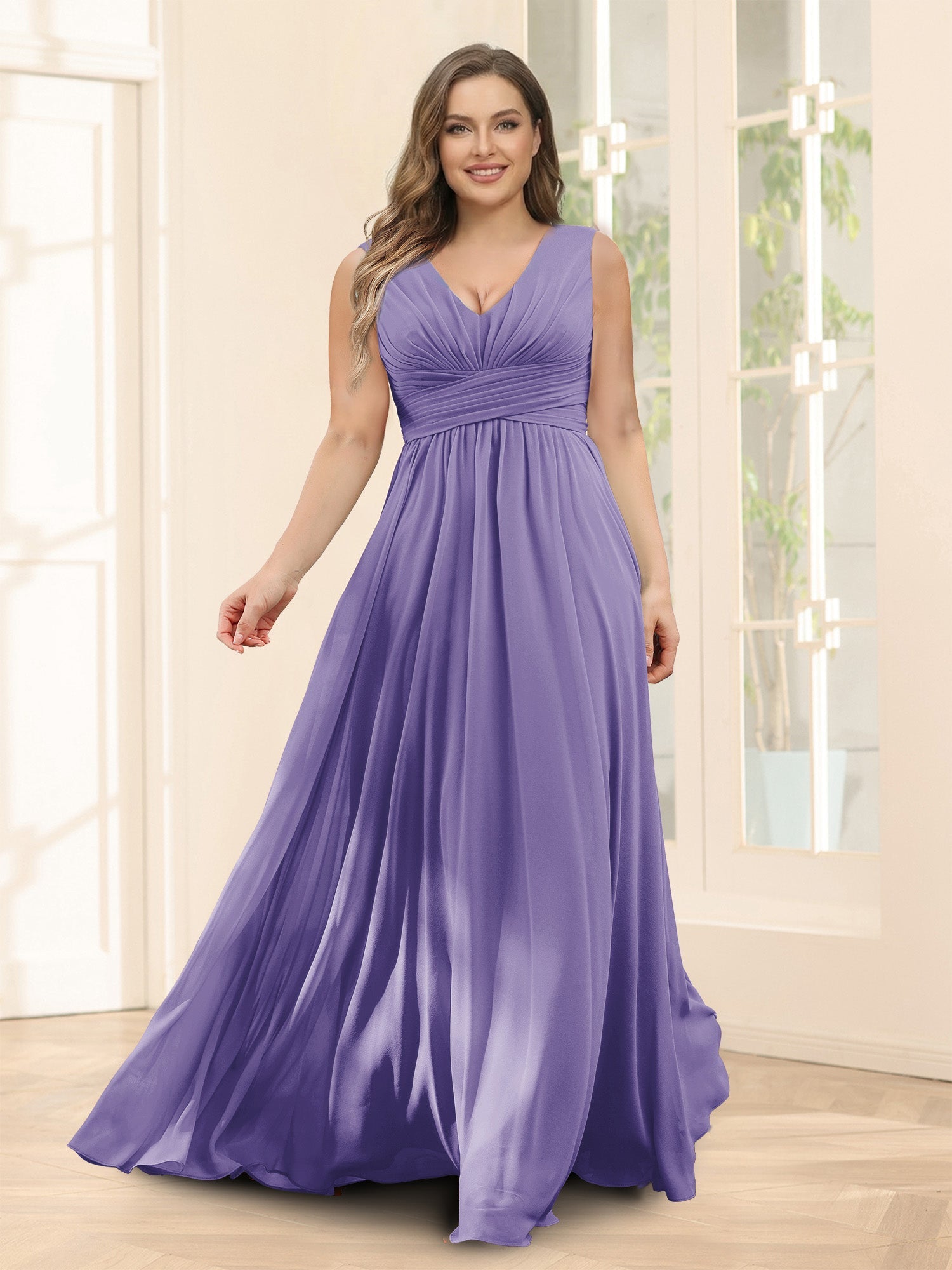 A-Line V-Neck Sleeveless Chiffon Plus Size Bridesmaid Dresses With Pockets Light Purple