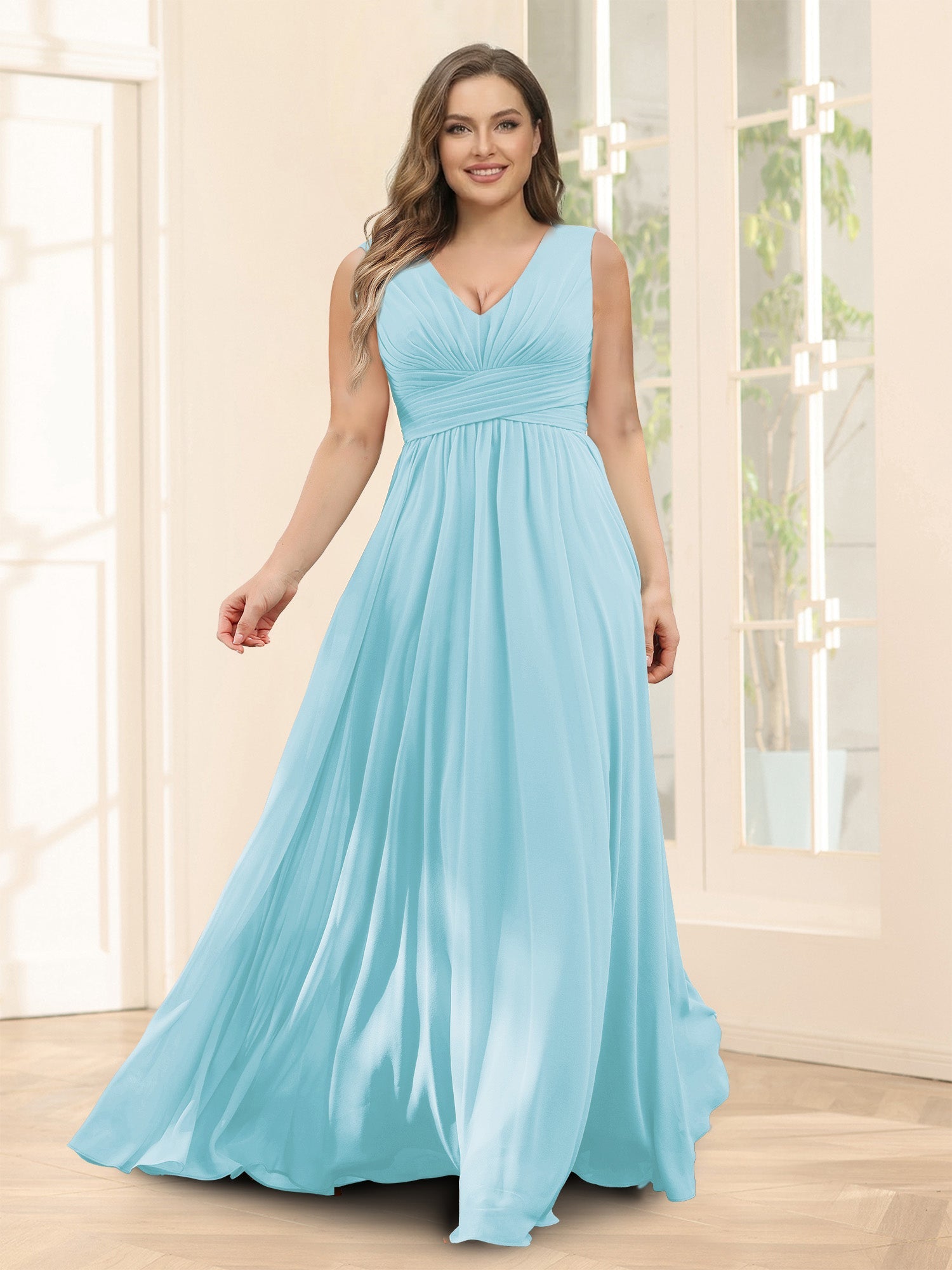 A-Line V-Neck Sleeveless Chiffon Plus Size Bridesmaid Dresses With Pockets Light Sky Blue