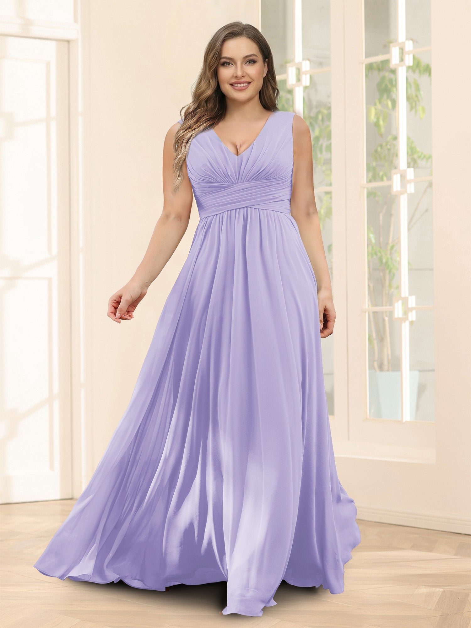 A-Line V-Neck Sleeveless Chiffon Plus Size Bridesmaid Dresses With Pockets Lilac