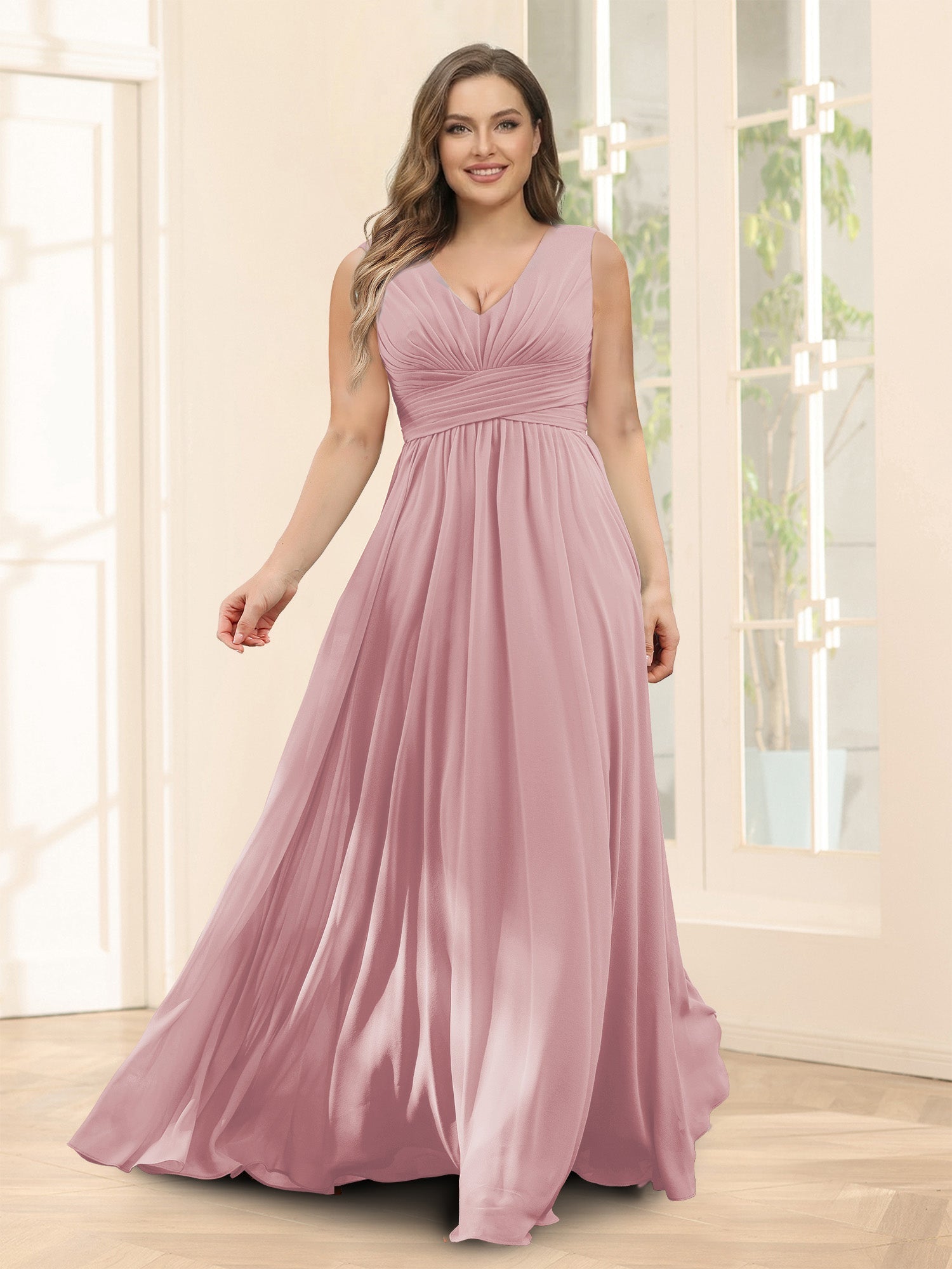 A-Line V-Neck Sleeveless Chiffon Plus Size Bridesmaid Dresses With Pockets Mauve