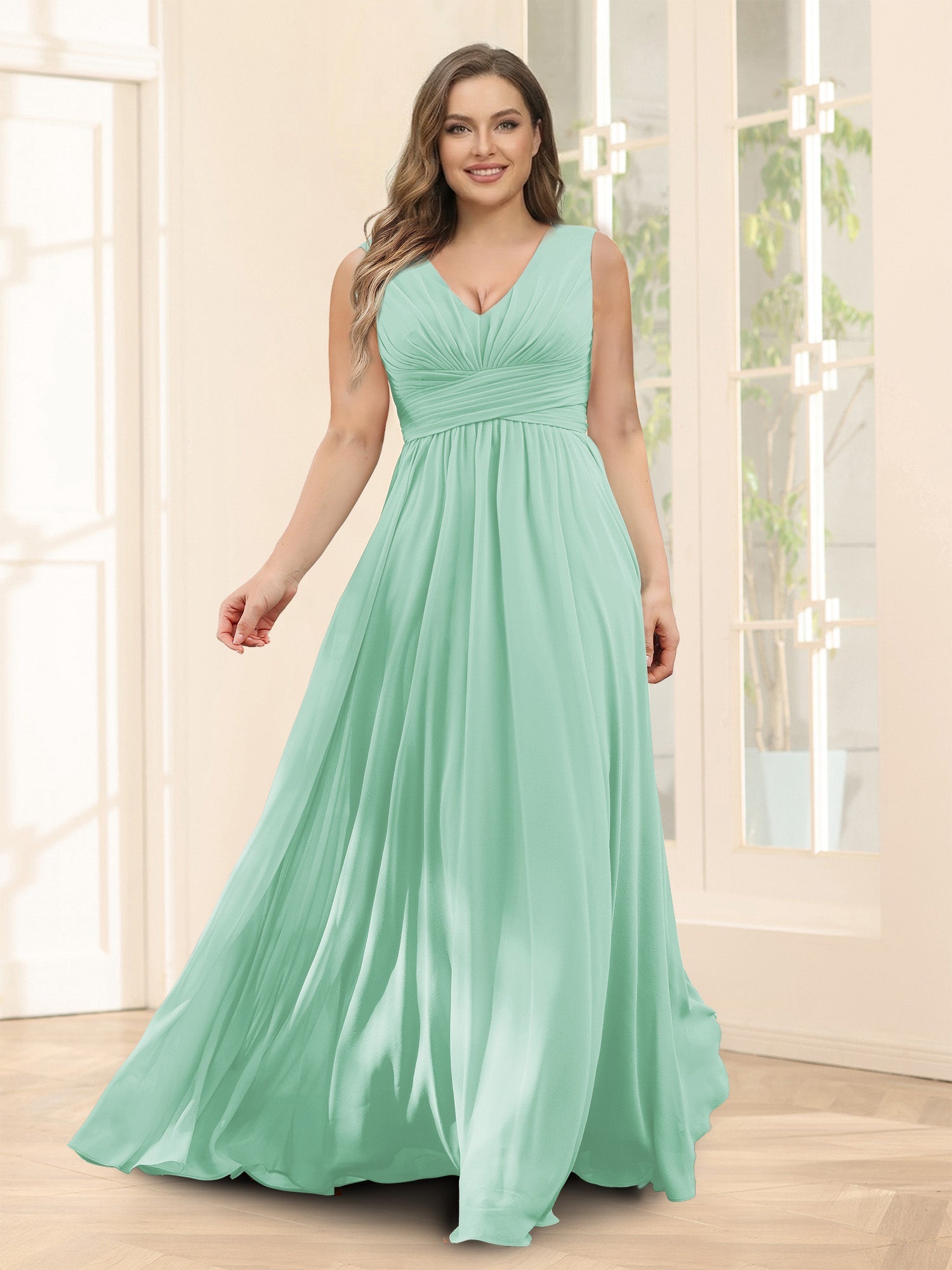 A-Line V-Neck Sleeveless Chiffon Plus Size Bridesmaid Dresses With Pockets Mint Green