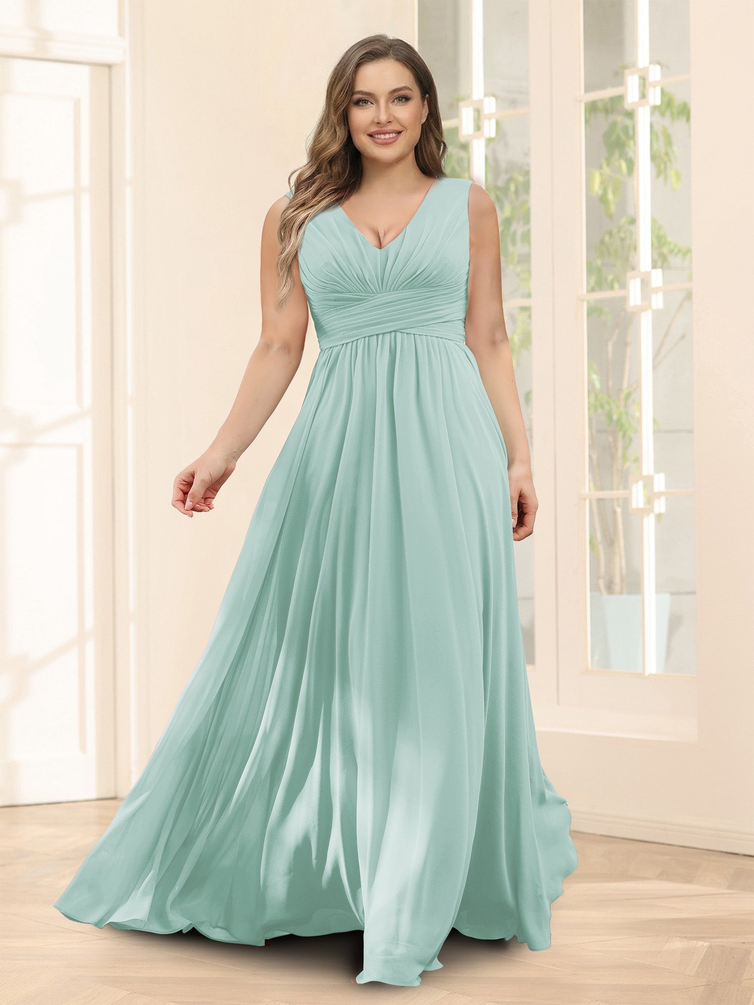 A-Line V-Neck Sleeveless Chiffon Plus Size Bridesmaid Dresses With Pockets Mist Blue