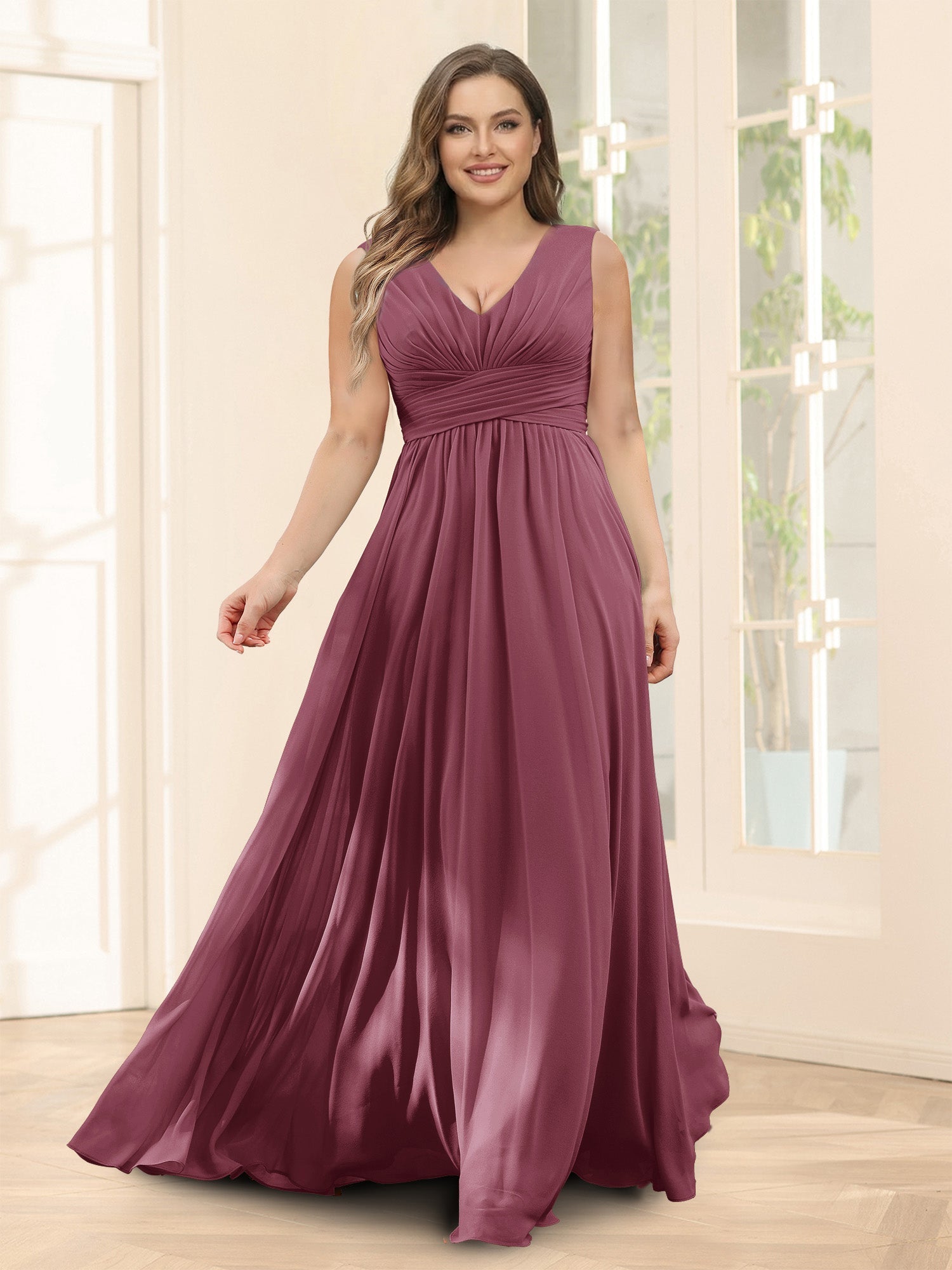 A-Line V-Neck Sleeveless Chiffon Plus Size Bridesmaid Dresses With Pockets Mulberry