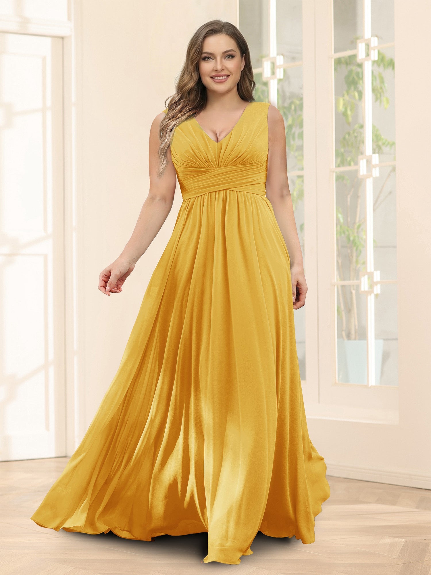 A-Line V-Neck Sleeveless Chiffon Plus Size Bridesmaid Dresses With Pockets Mustard Yellow
