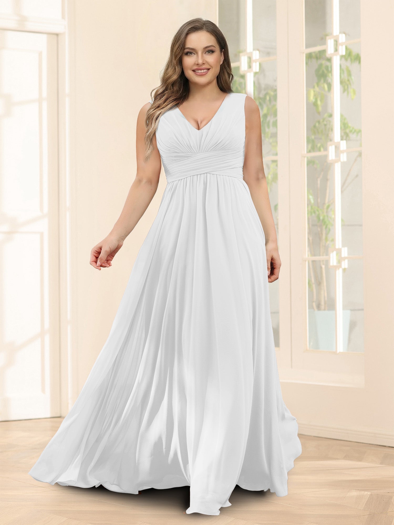 A-Line V-Neck Sleeveless Chiffon Plus Size Bridesmaid Dresses With Pockets Off White