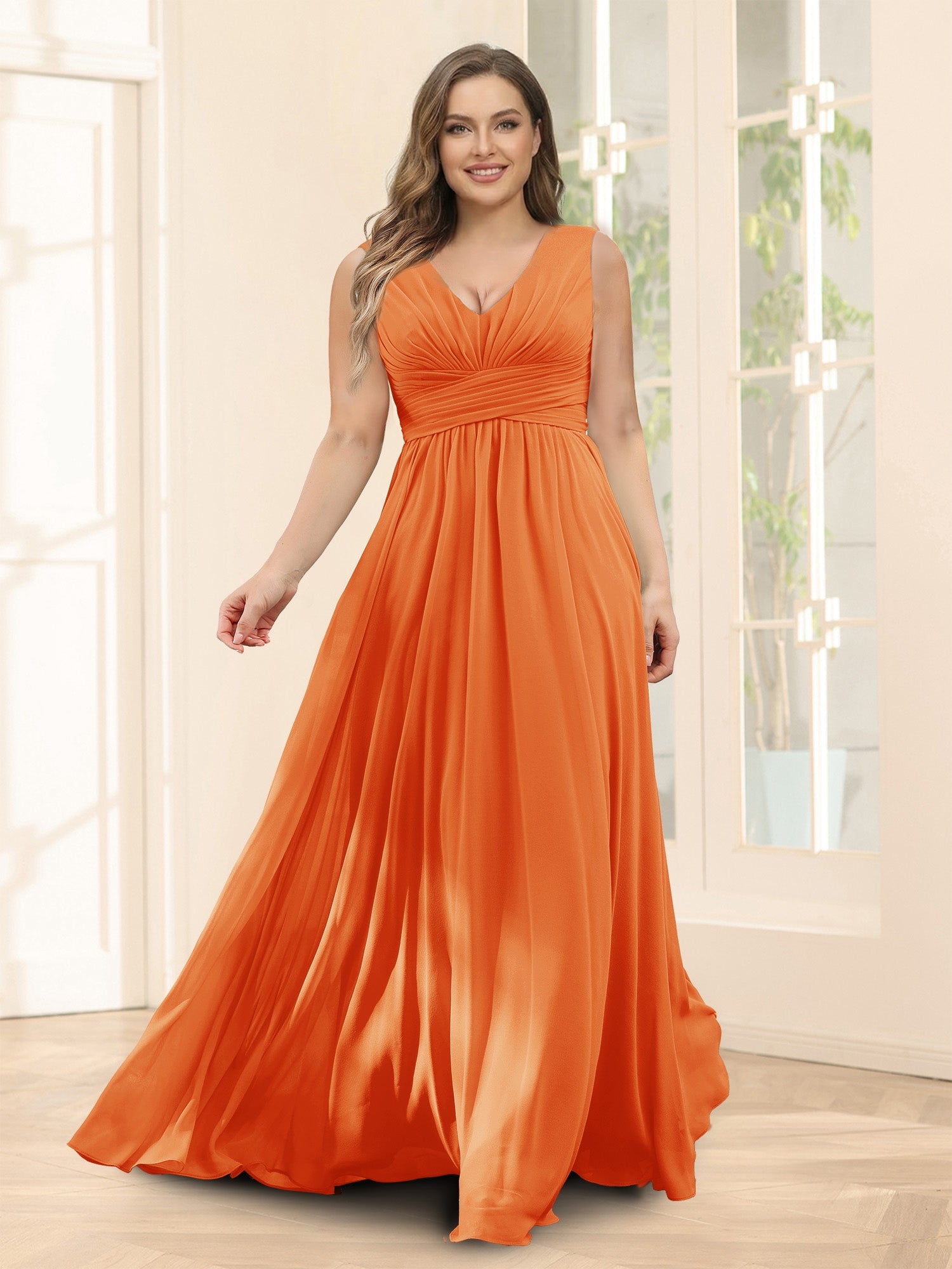 A-Line V-Neck Sleeveless Chiffon Plus Size Bridesmaid Dresses With Pockets Orange