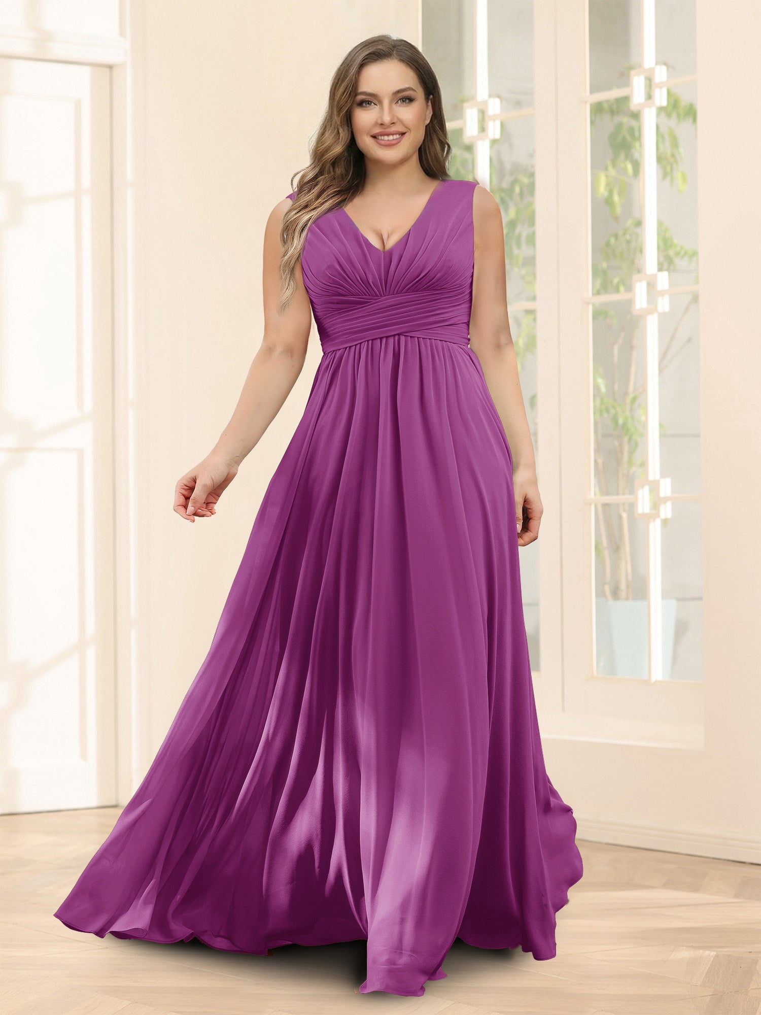 A-Line V-Neck Sleeveless Chiffon Plus Size Bridesmaid Dresses With Pockets Orchid