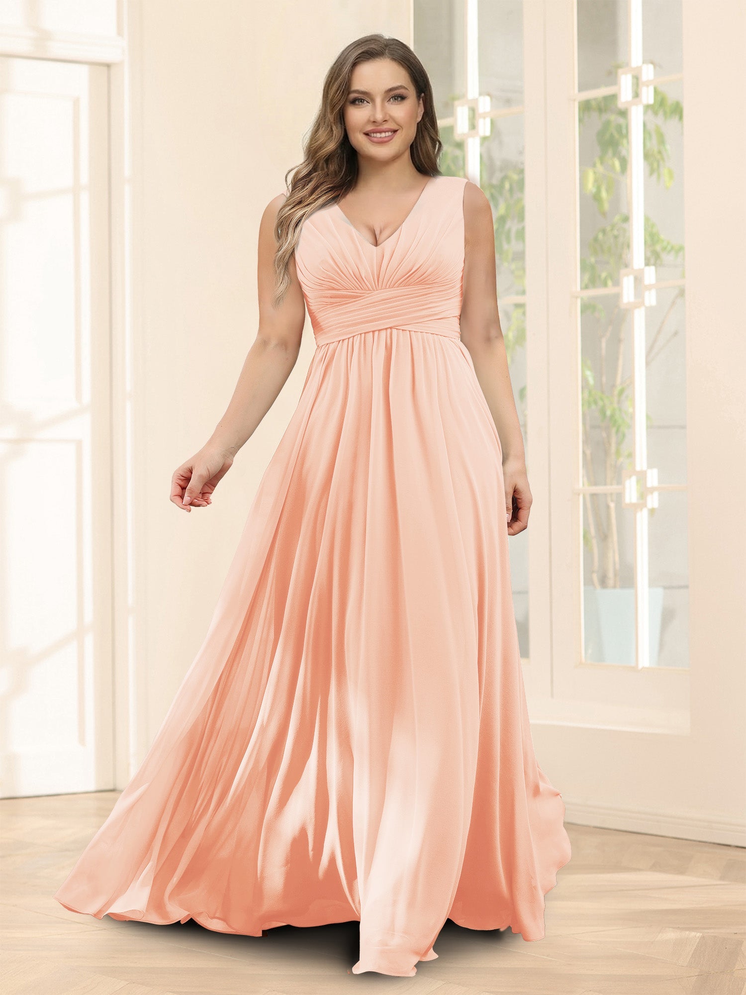A-Line V-Neck Sleeveless Chiffon Plus Size Bridesmaid Dresses With Pockets Peach Pink
