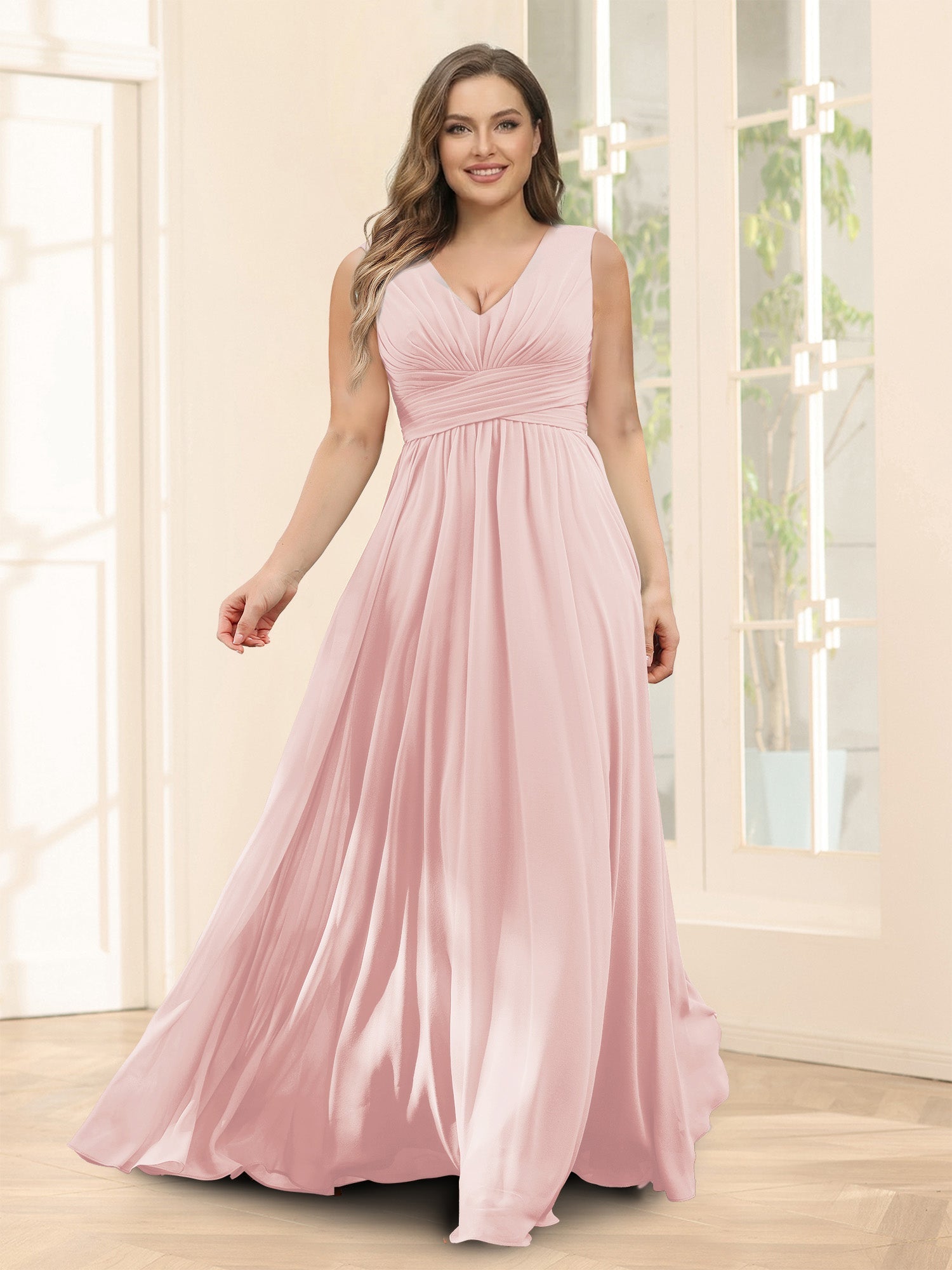 A-Line V-Neck Sleeveless Chiffon Plus Size Bridesmaid Dresses With Pockets Pearl Pink