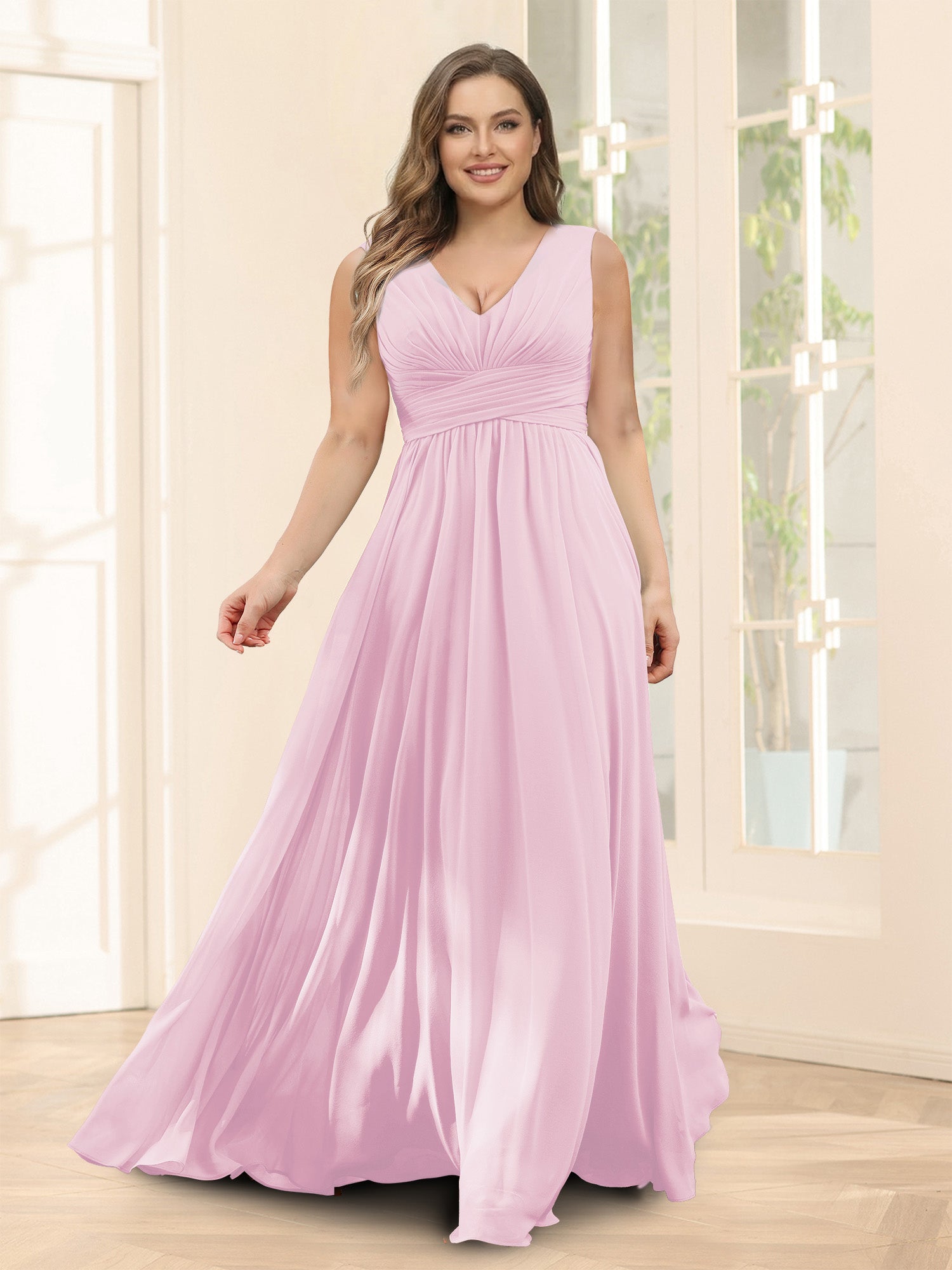 A-Line V-Neck Sleeveless Chiffon Plus Size Bridesmaid Dresses With Pockets Pink