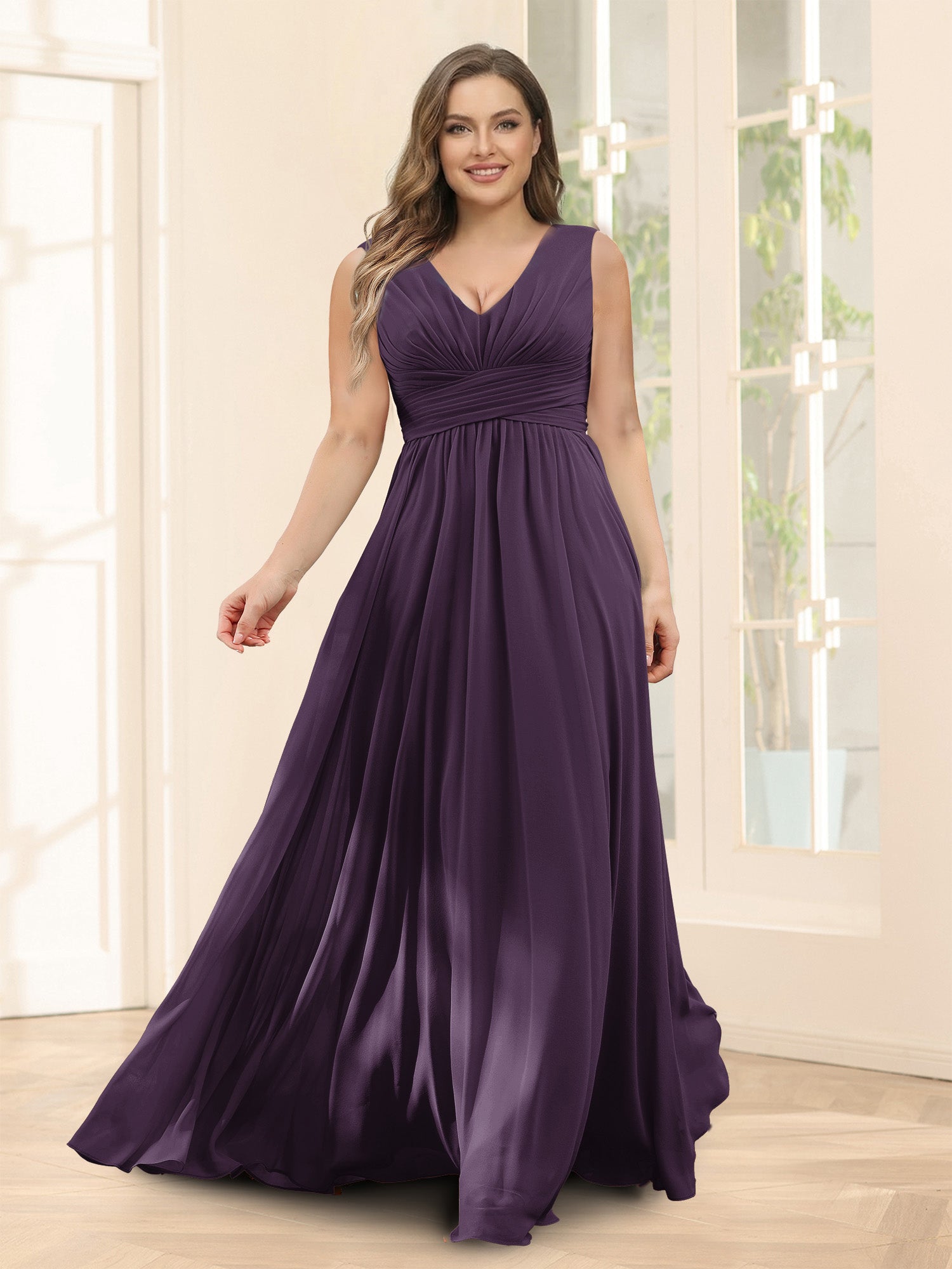 A-Line V-Neck Sleeveless Chiffon Plus Size Bridesmaid Dresses With Pockets Plum
