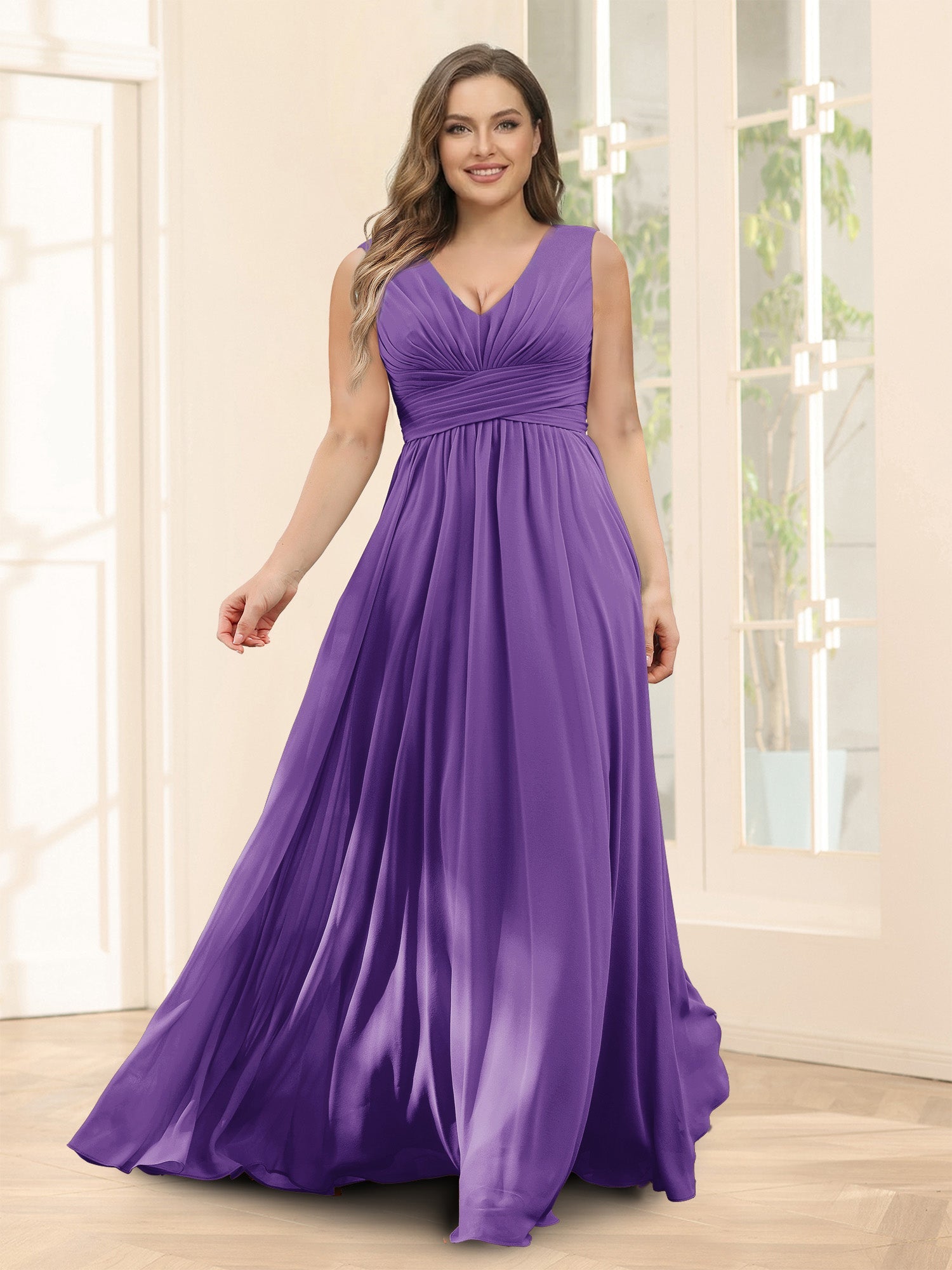 A-Line V-Neck Sleeveless Chiffon Plus Size Bridesmaid Dresses With Pockets Purple