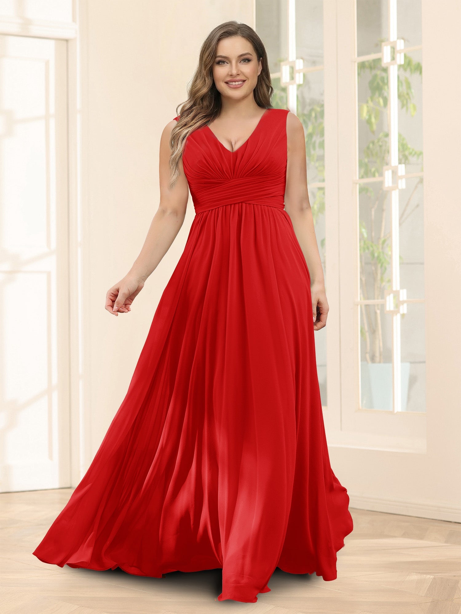 A-Line V-Neck Sleeveless Chiffon Plus Size Bridesmaid Dresses With Pockets Red