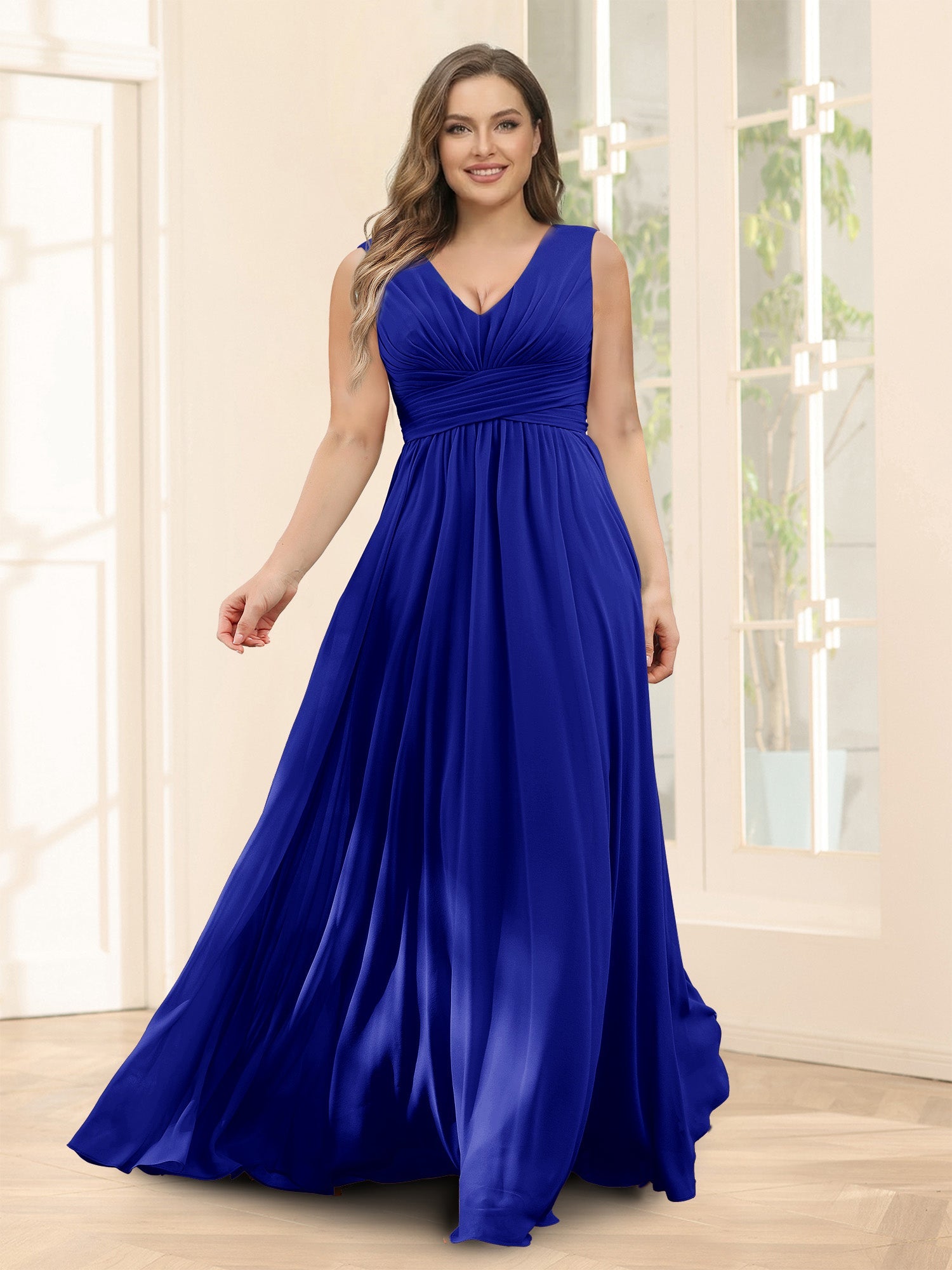 A-Line V-Neck Sleeveless Chiffon Plus Size Bridesmaid Dresses With Pockets Royal Blue