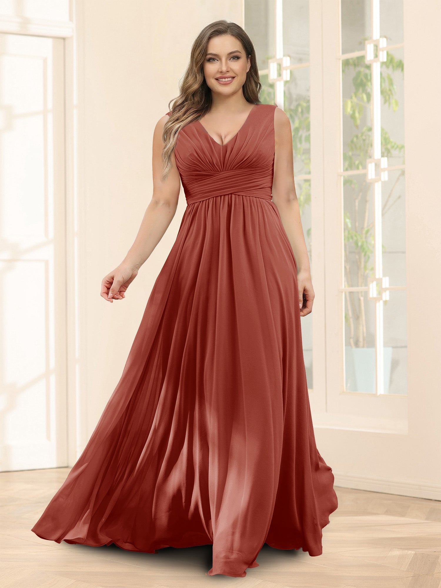 A-Line V-Neck Sleeveless Chiffon Plus Size Bridesmaid Dresses With Pockets Rust