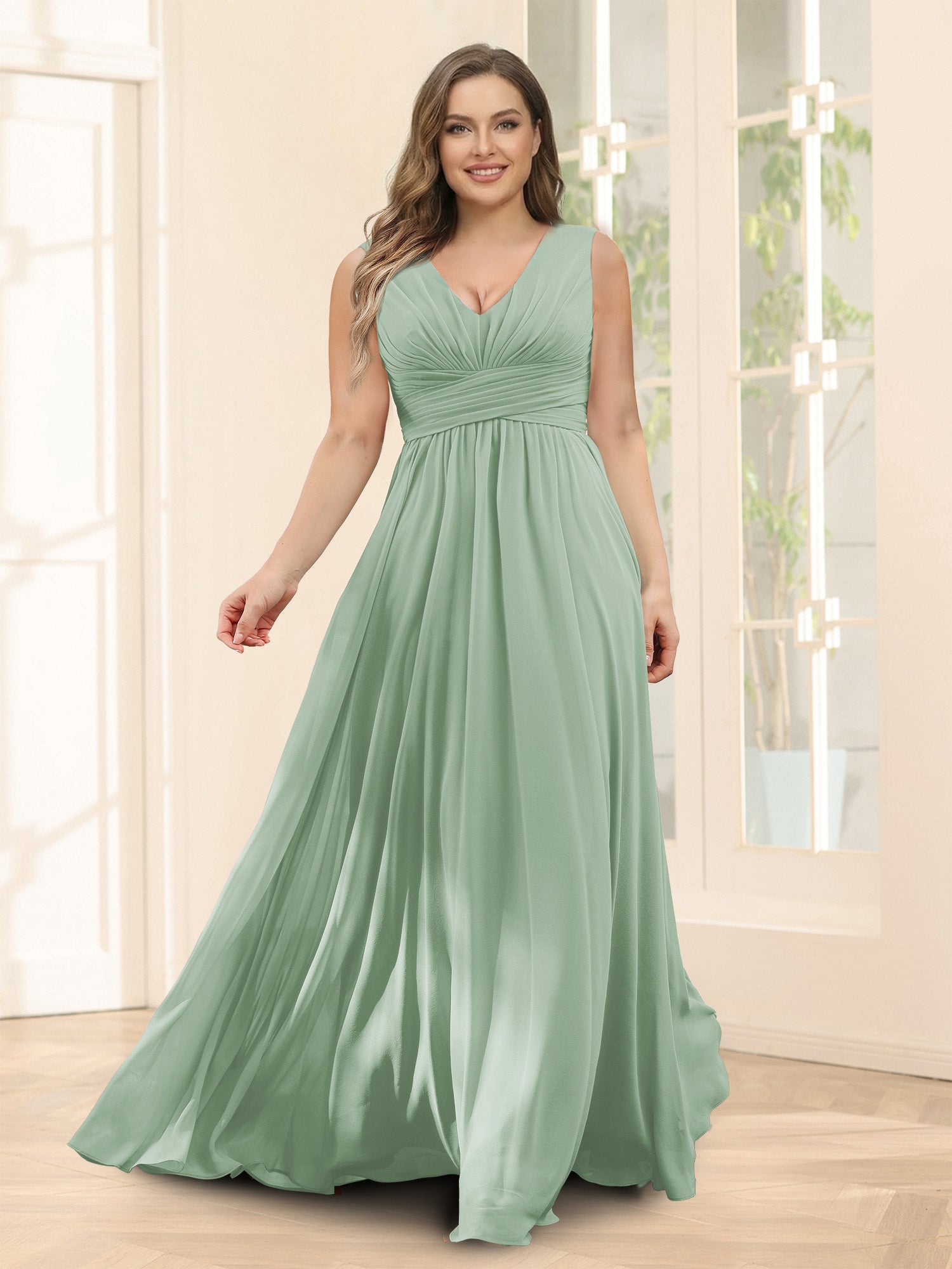 A-Line V-Neck Sleeveless Chiffon Plus Size Bridesmaid Dresses With Pockets Sage