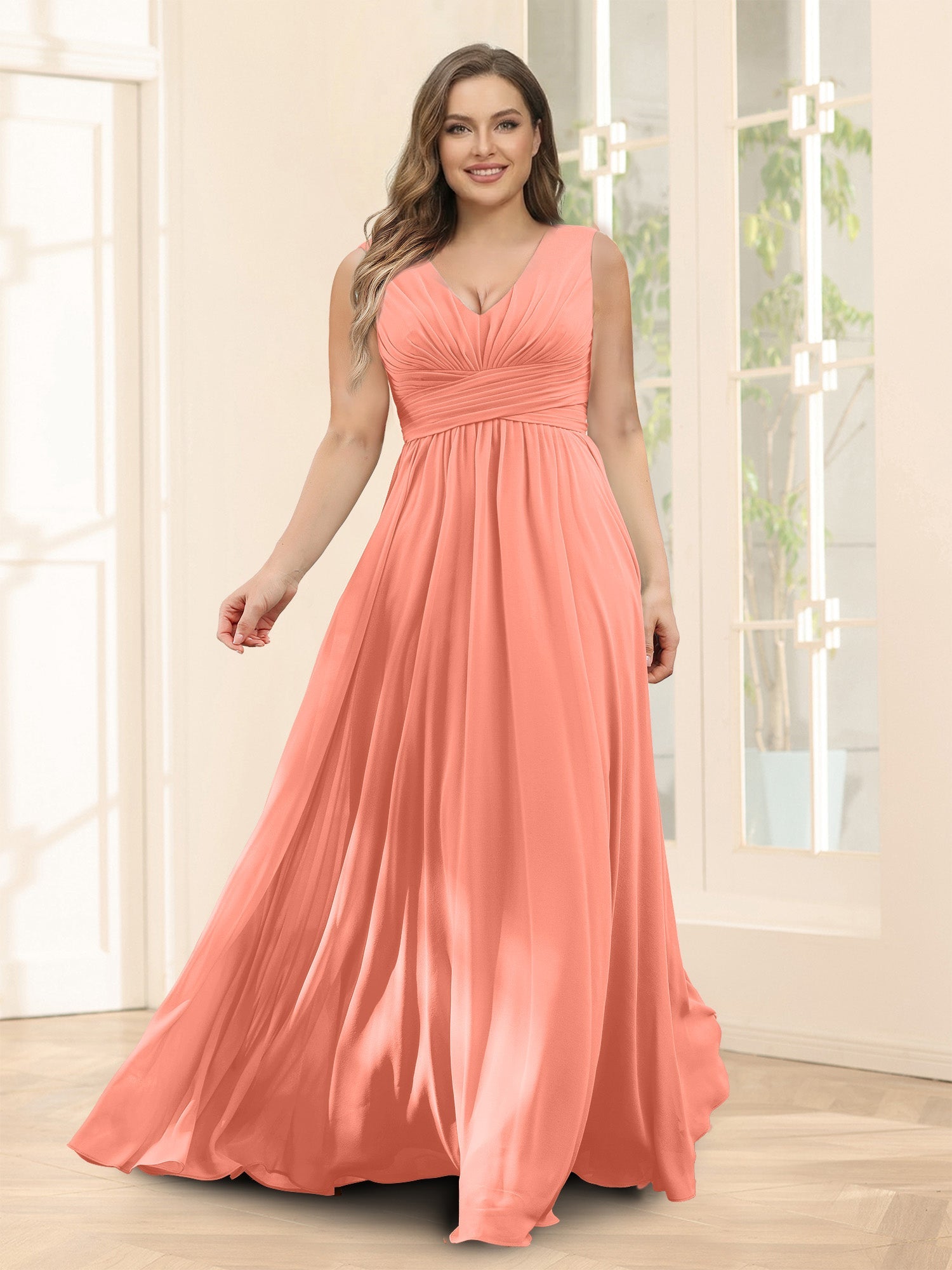 A-Line V-Neck Sleeveless Chiffon Plus Size Bridesmaid Dresses With Pockets Salmon