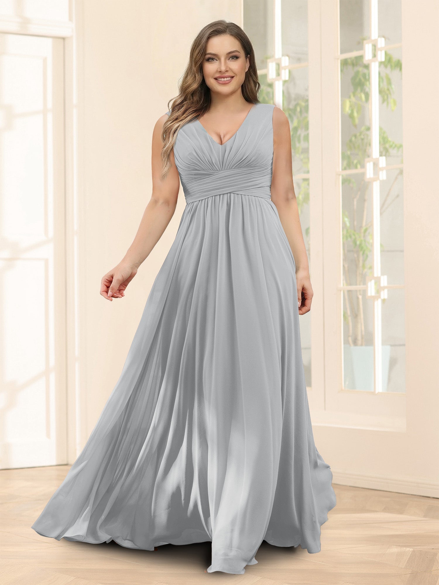 A-Line V-Neck Sleeveless Chiffon Plus Size Bridesmaid Dresses With Pockets Silver