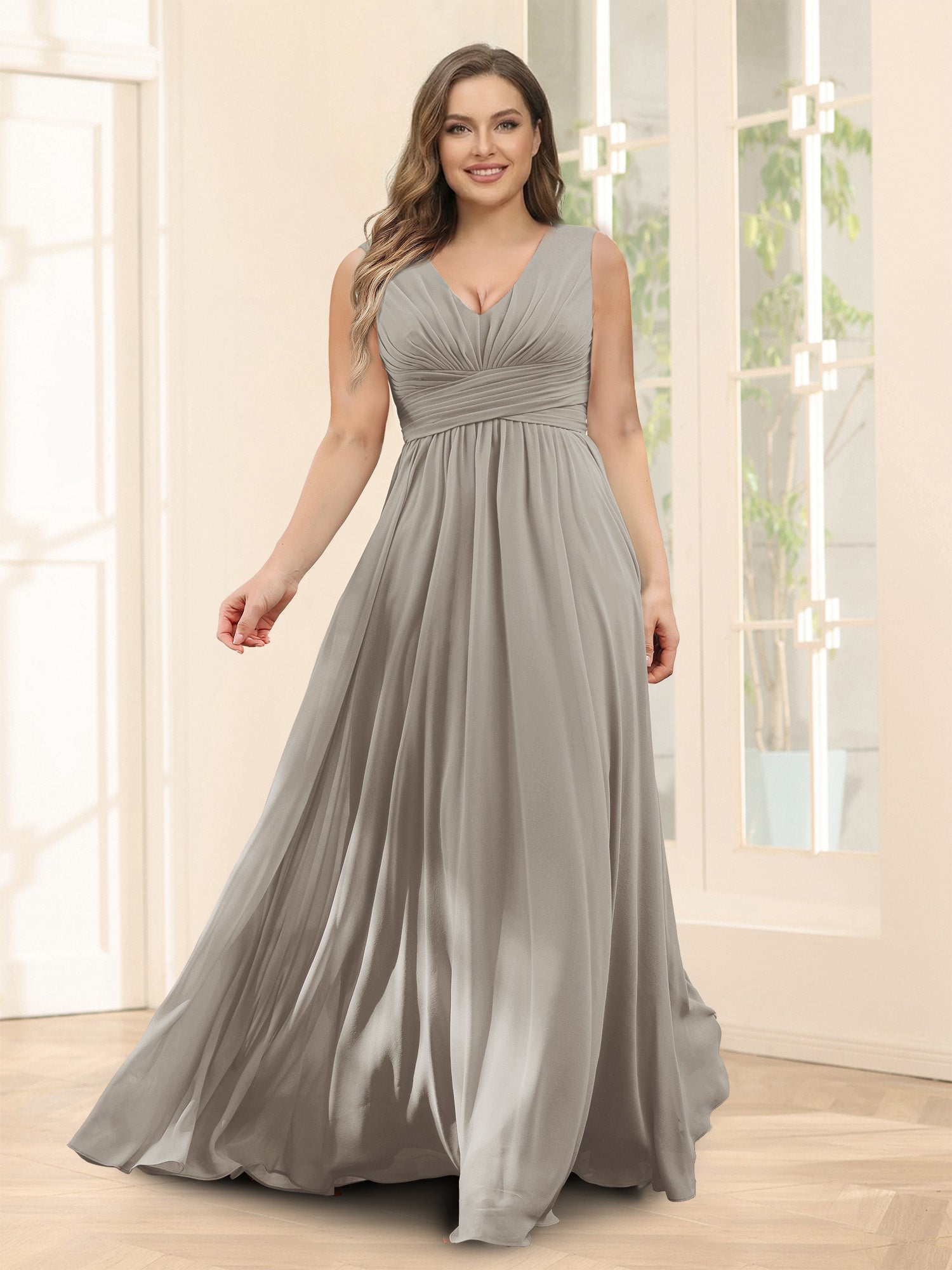 A-Line V-Neck Sleeveless Chiffon Plus Size Bridesmaid Dresses With Pockets Taupe