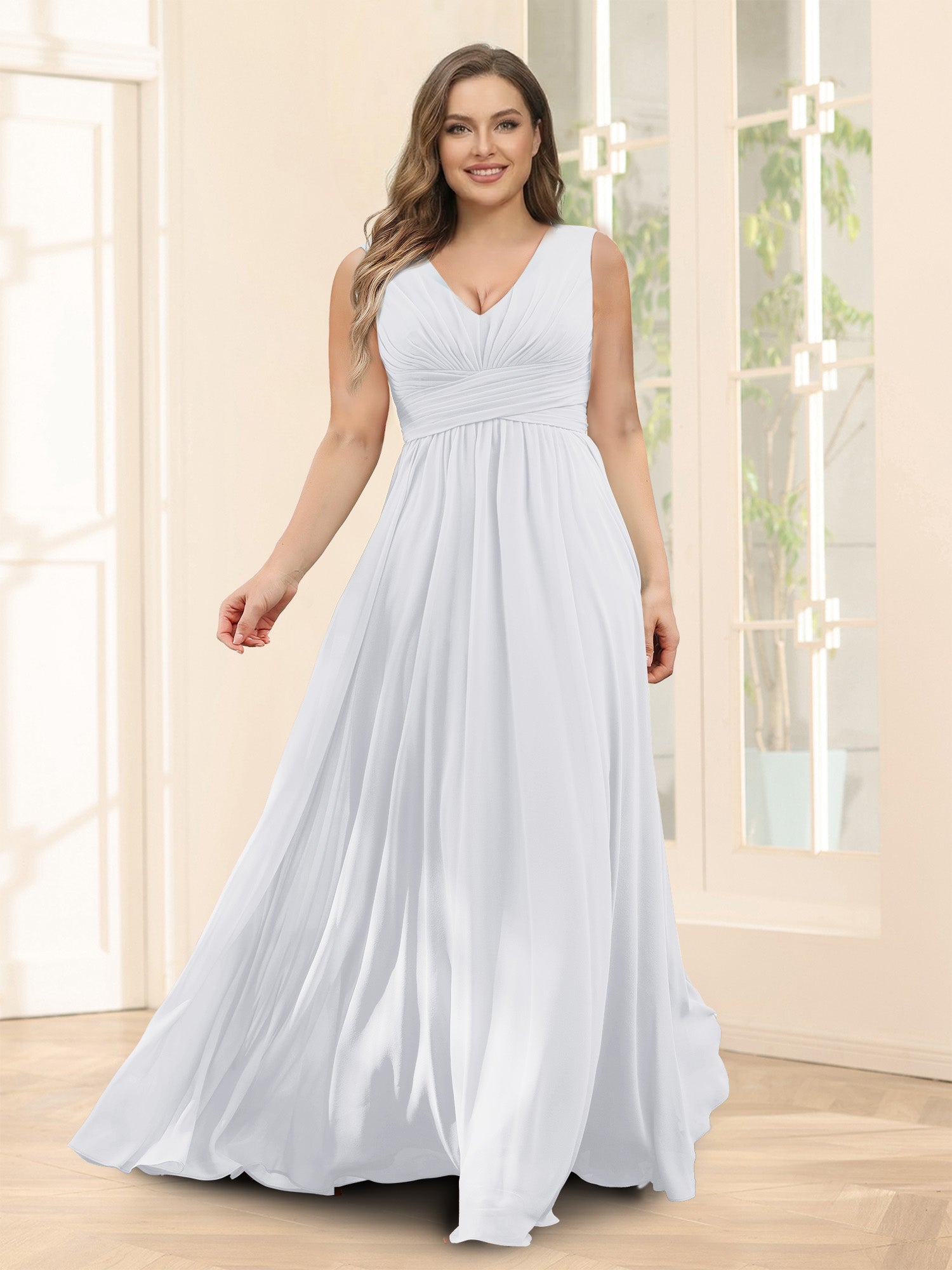 A-Line V-Neck Sleeveless Chiffon Plus Size Bridesmaid Dresses With Pockets White