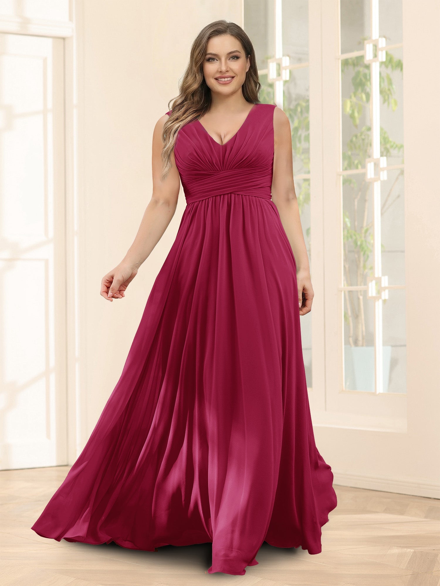 A-Line V-Neck Sleeveless Chiffon Plus Size Bridesmaid Dresses With Pockets Wine Red