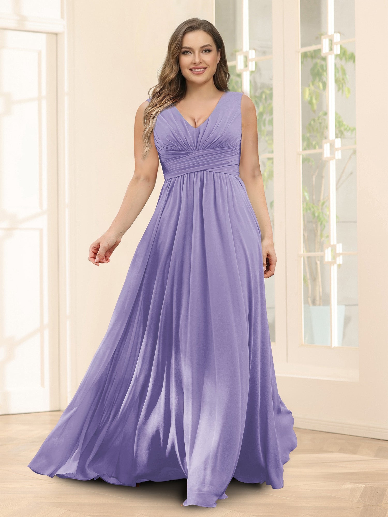 A-Line V-Neck Sleeveless Chiffon Plus Size Bridesmaid Dresses With Pockets Wisteria