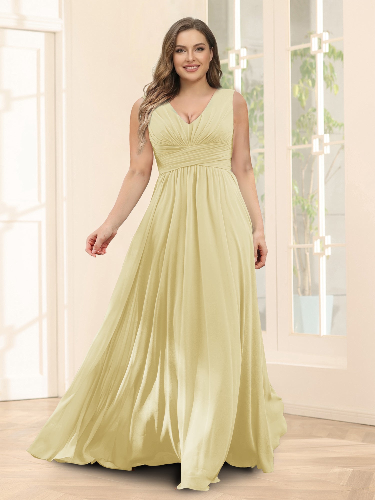 A-Line V-Neck Sleeveless Chiffon Plus Size Bridesmaid Dresses With Pockets Yellow