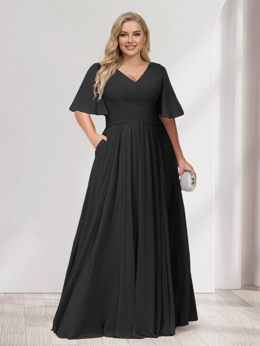 A-Line/Princess V-Neck Half Sleeves Chiffon Plus Size Bridesmaid Dresses with Pockets Black