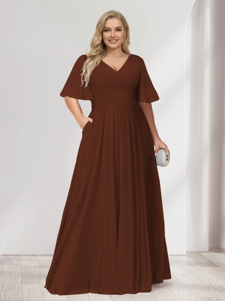 A-Line/Princess V-Neck Half Sleeves Chiffon Plus Size Bridesmaid Dresses with Pockets Brown