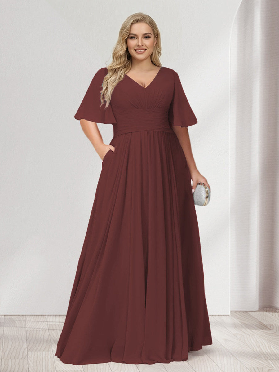 A-Line/Princess V-Neck Half Sleeves Chiffon Plus Size Bridesmaid Dresses with Pockets Burgundy
