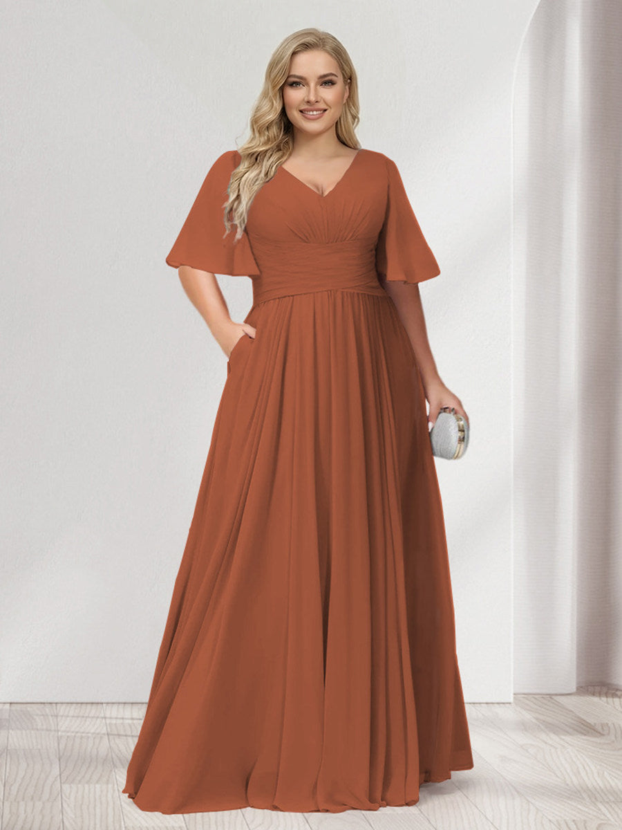 A-Line/Princess V-Neck Half Sleeves Chiffon Plus Size Bridesmaid Dresses with Pockets Burnt Orange