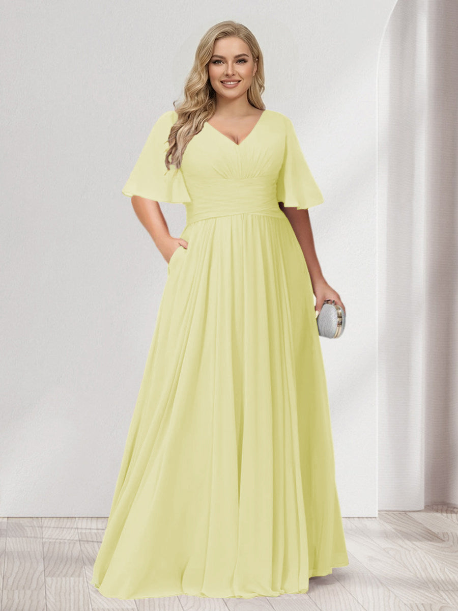 A-Line/Princess V-Neck Half Sleeves Chiffon Plus Size Bridesmaid Dresses with Pockets Canary